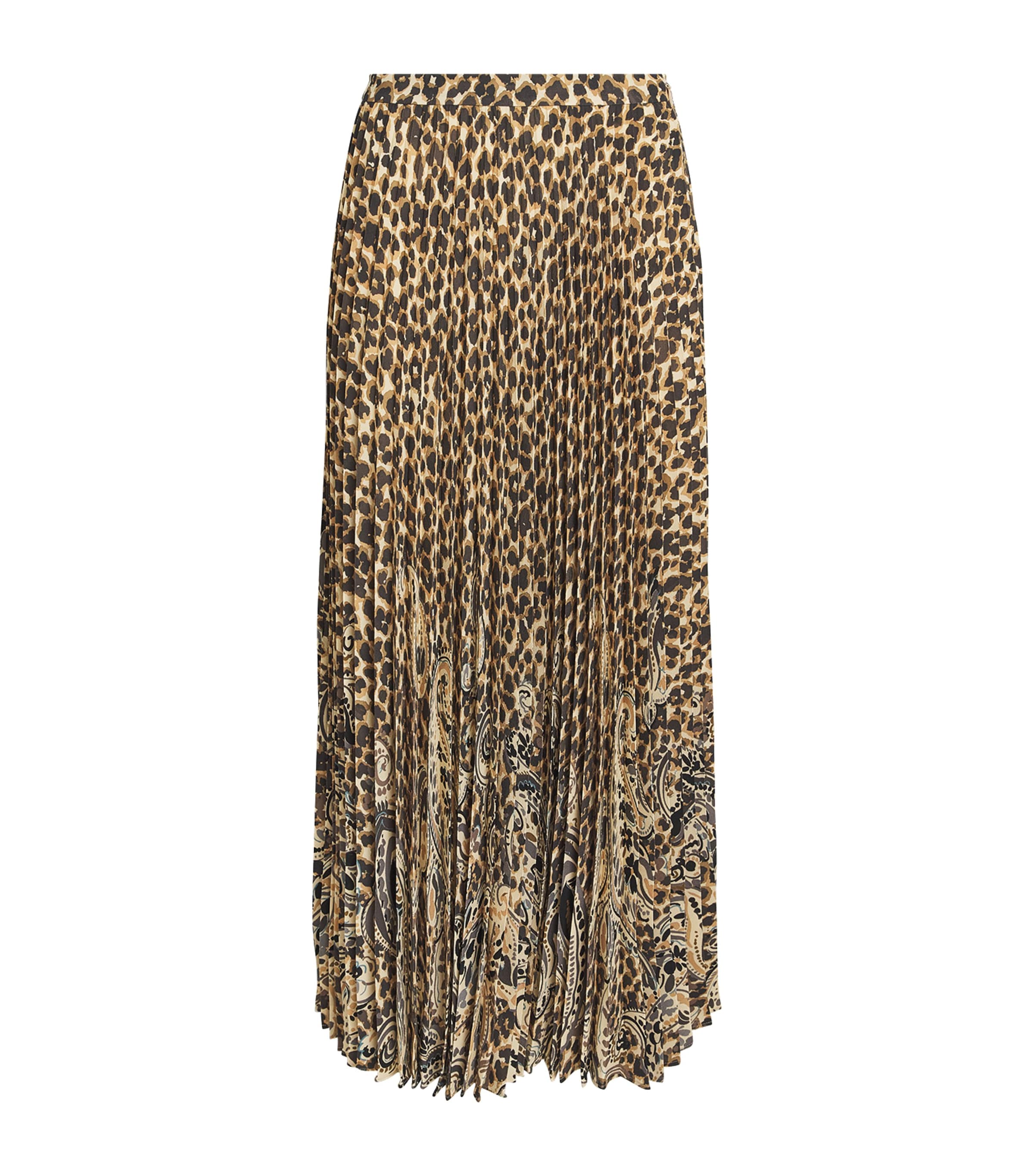 Etro Womens Satin Leopard Pleated Maxi Skirt Beige