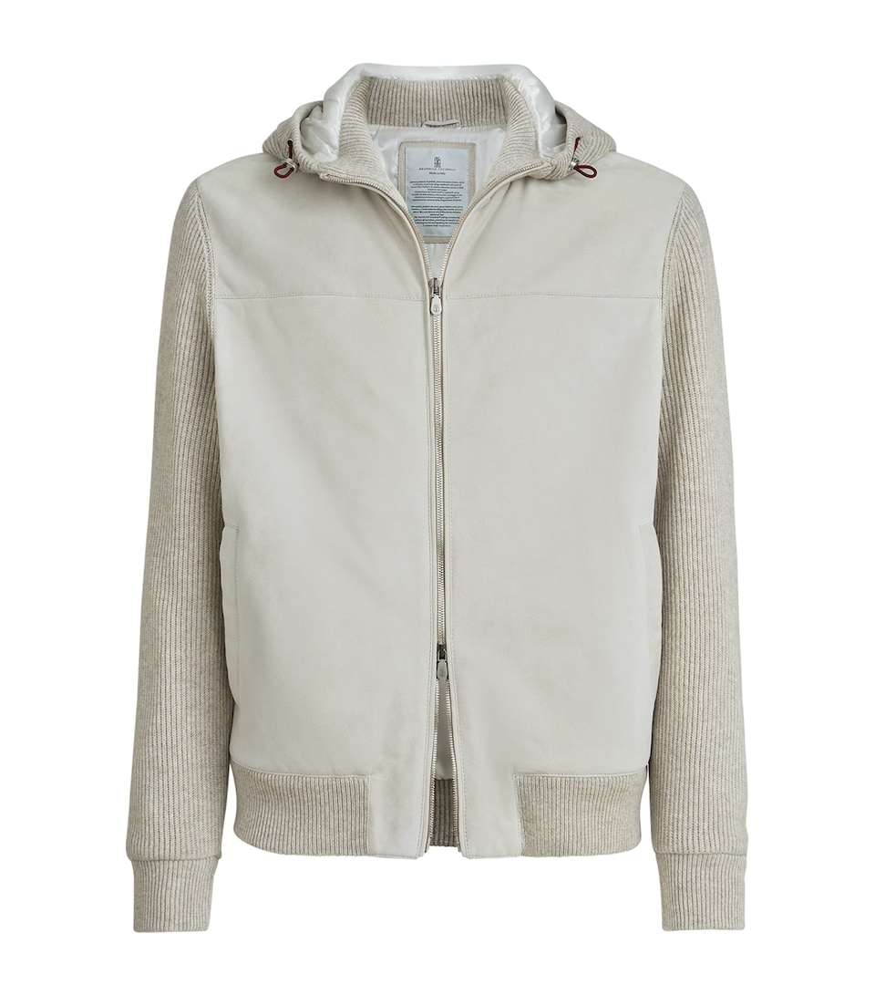 Suede Cashmere-Trim Padded Hoodie