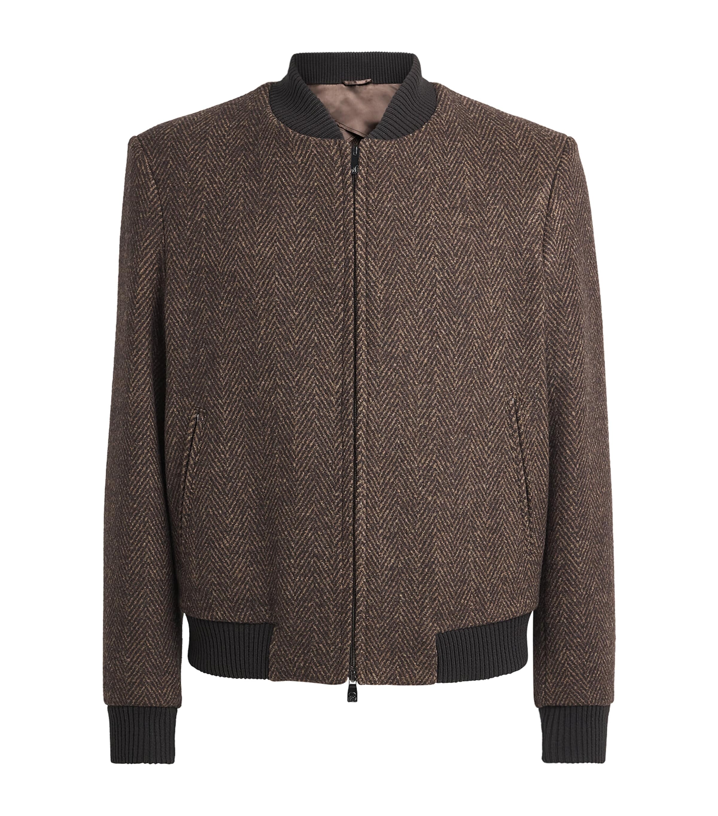 Corneliani Mens Wool Herringbone Bomber Jacket Dark Brown