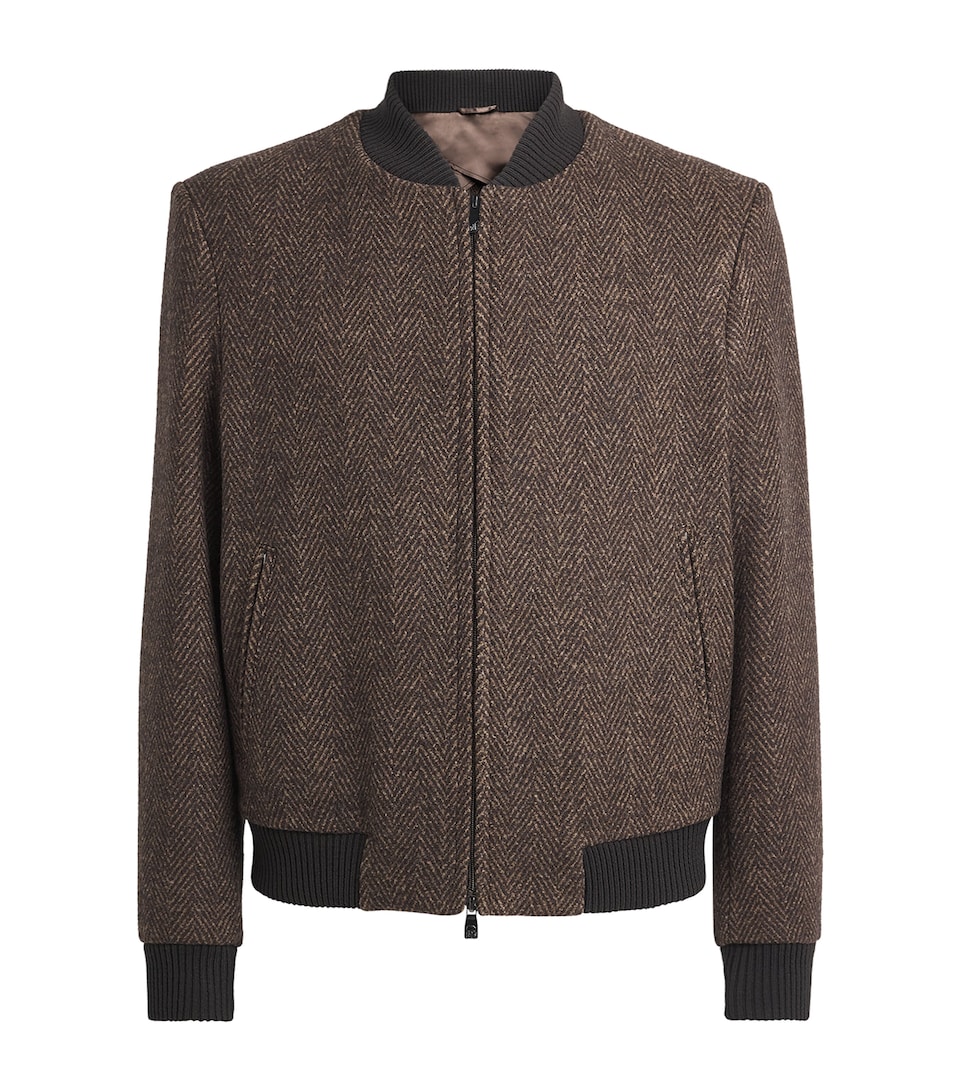 Corneliani Mens Wool Herringbone Bomber Jacket Dark Brown