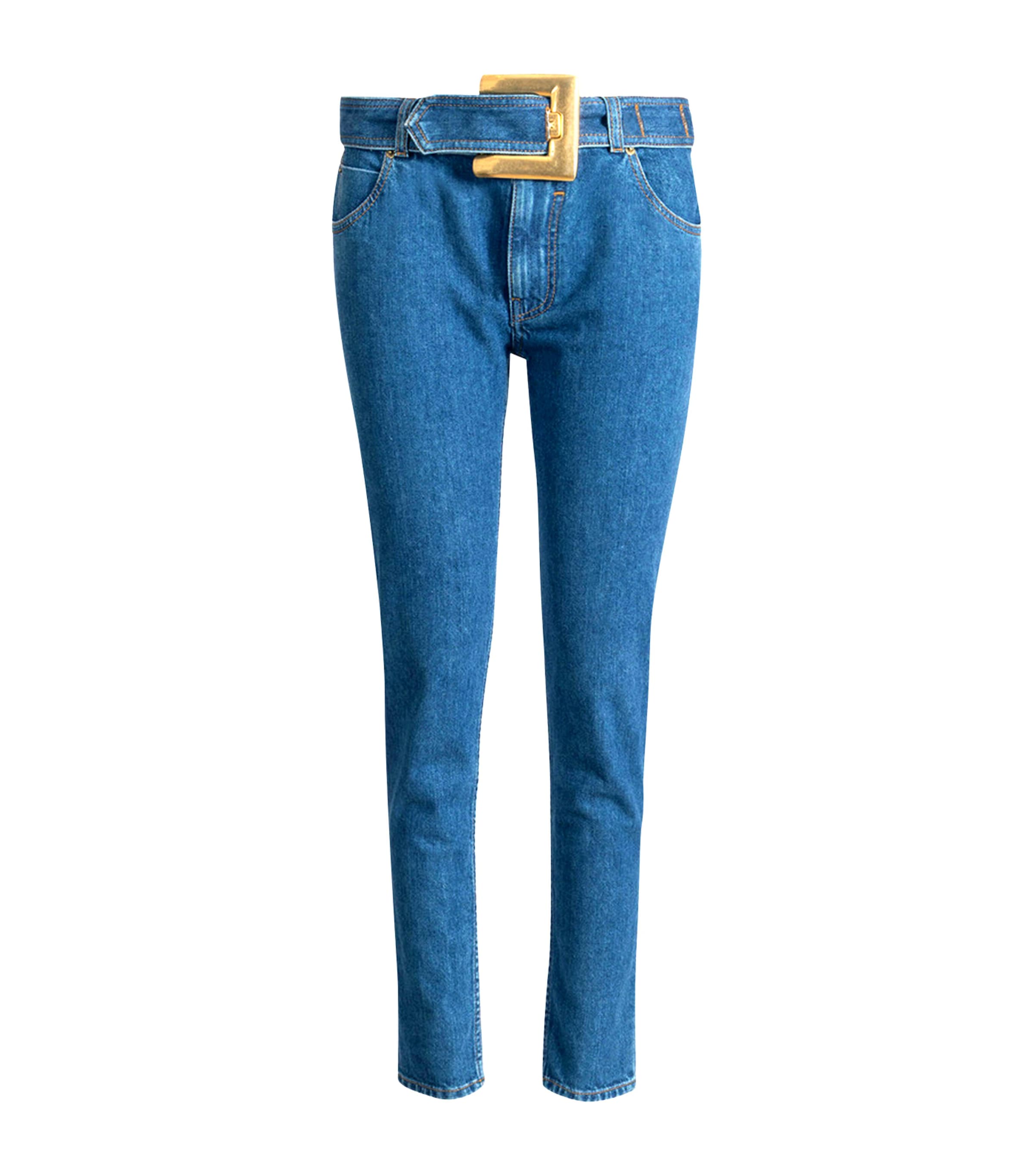 Balmain Womens Belted Mid-Rise Slim Jeans Bleu Jean Fonce