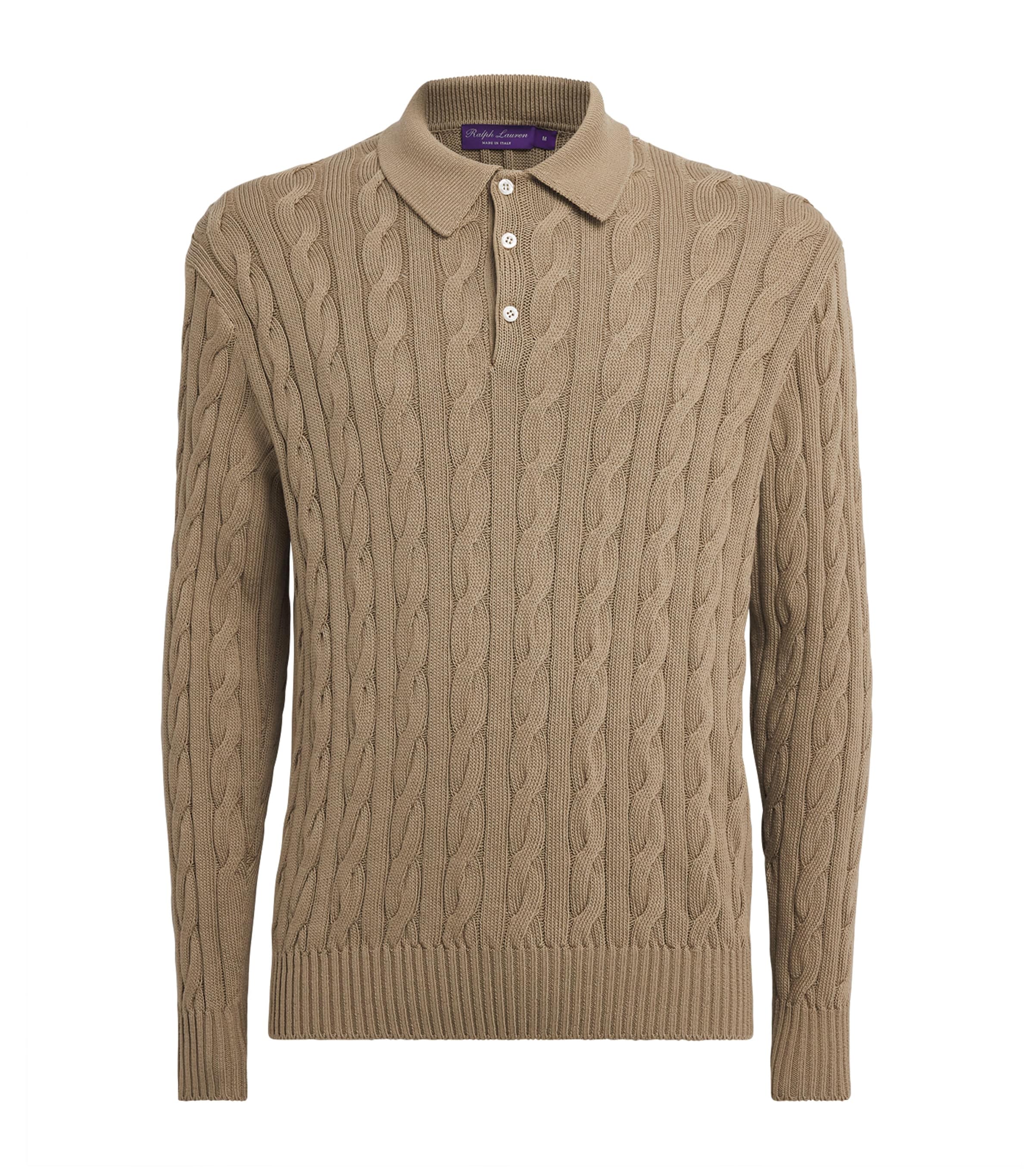 Ralph Lauren Purple Label Mens Silk-Cotton Cable-Knit Polo Shirt Clay