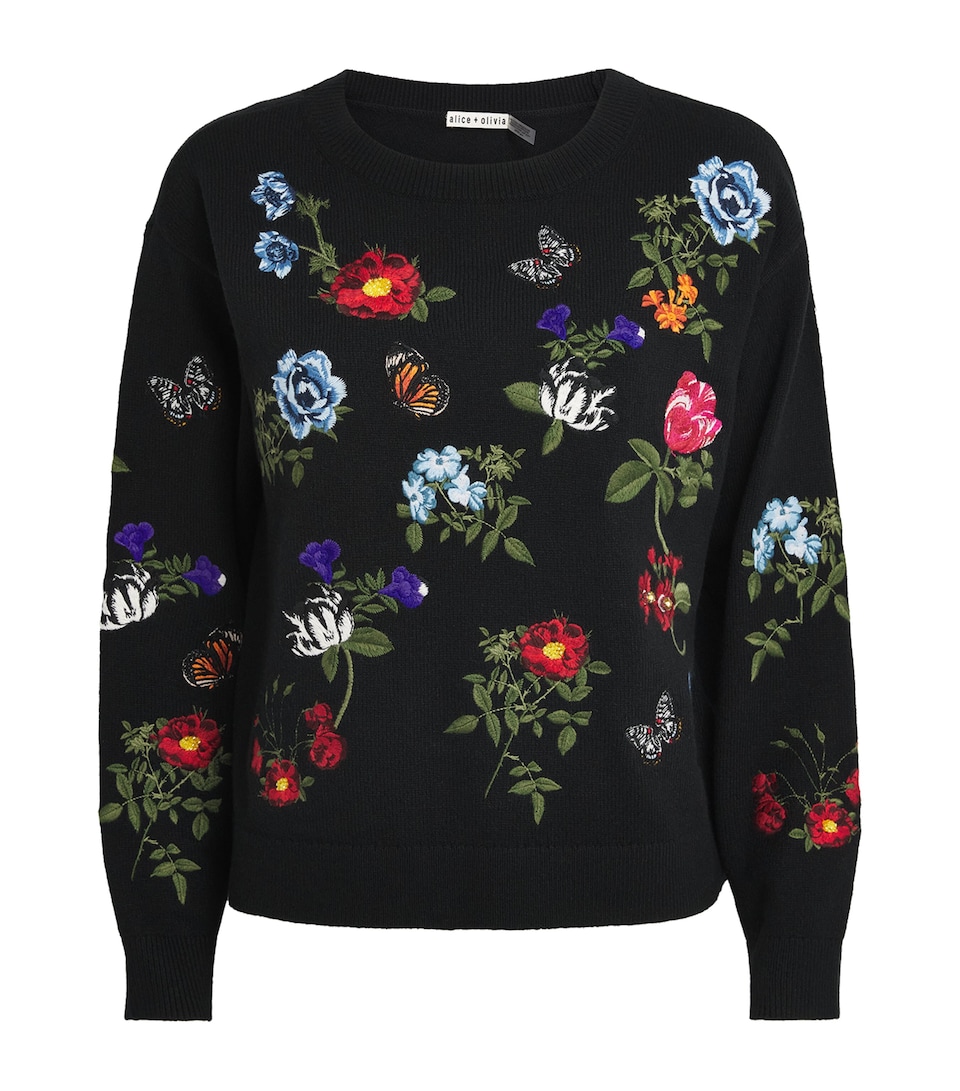 Alice+Olivia Womens Wool-Blend Embroidered Teanna Sweater Black Multi