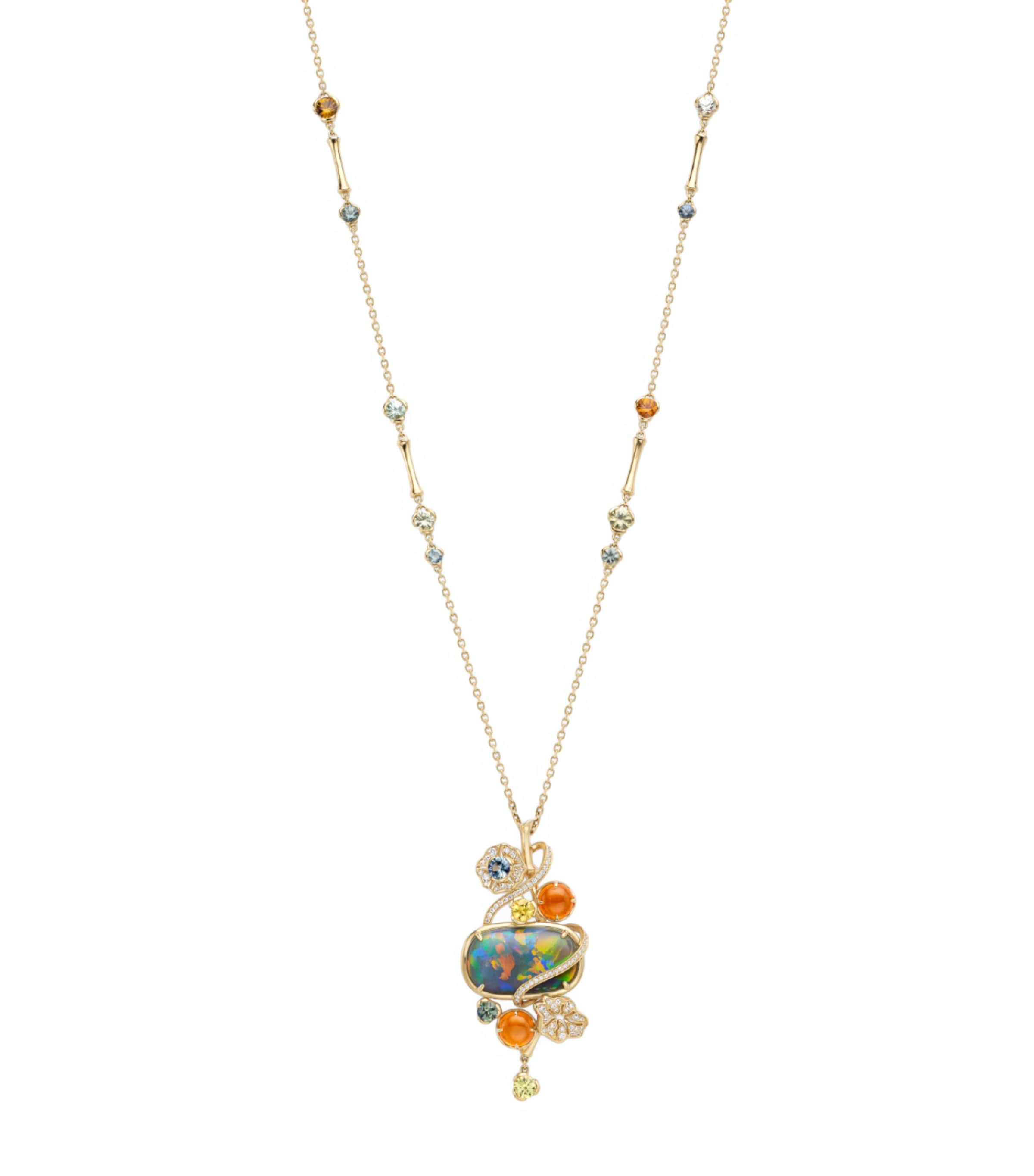 Boodles x Historic Royal Palaces Yellow Gold, Diamond and Sapphire Queen Charlotte's Cottage Opal Pendant Necklace Gold
