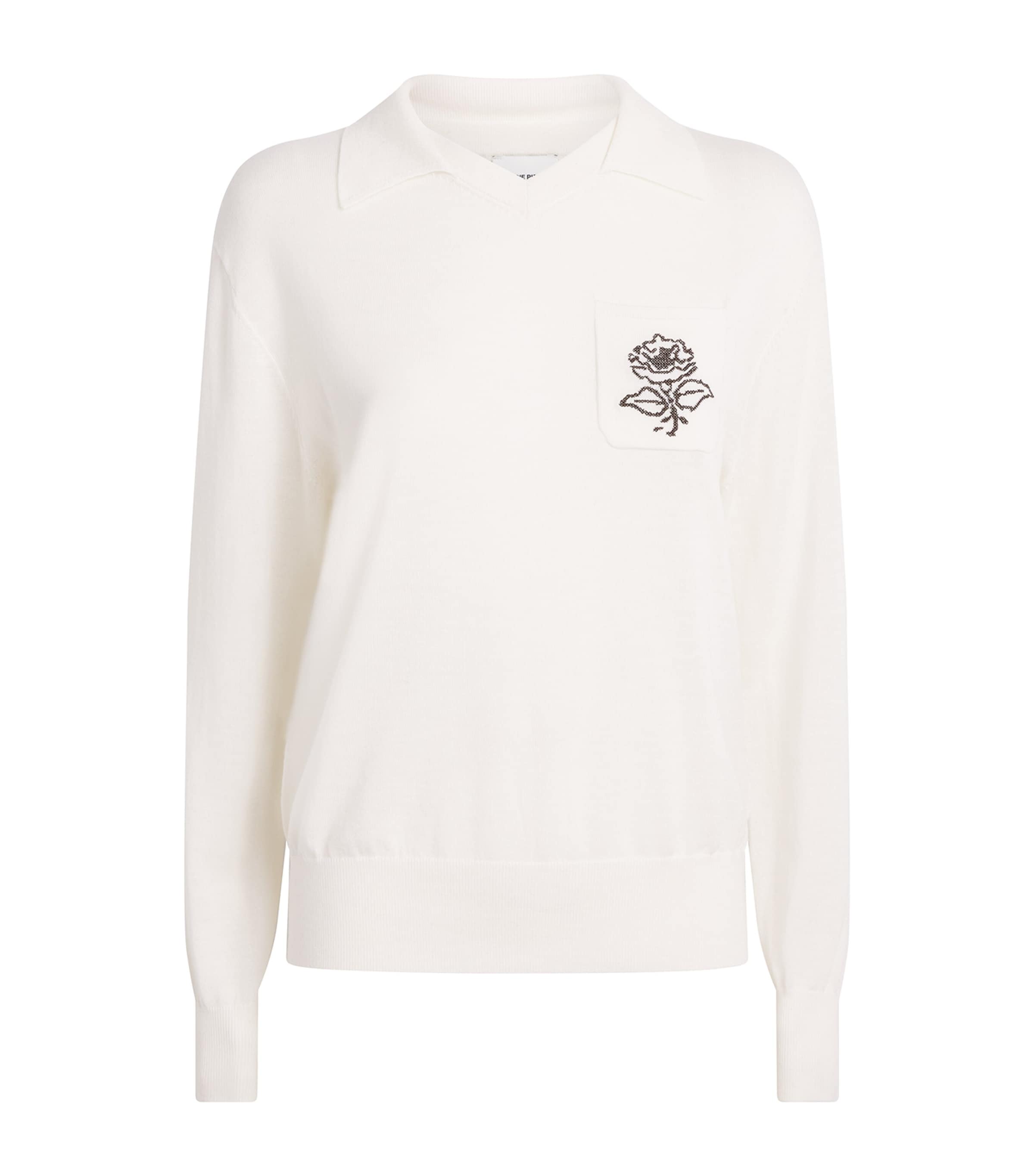 Claudie Pierlot Womens Wool Embroidered Flower Polo Sweater Ecru