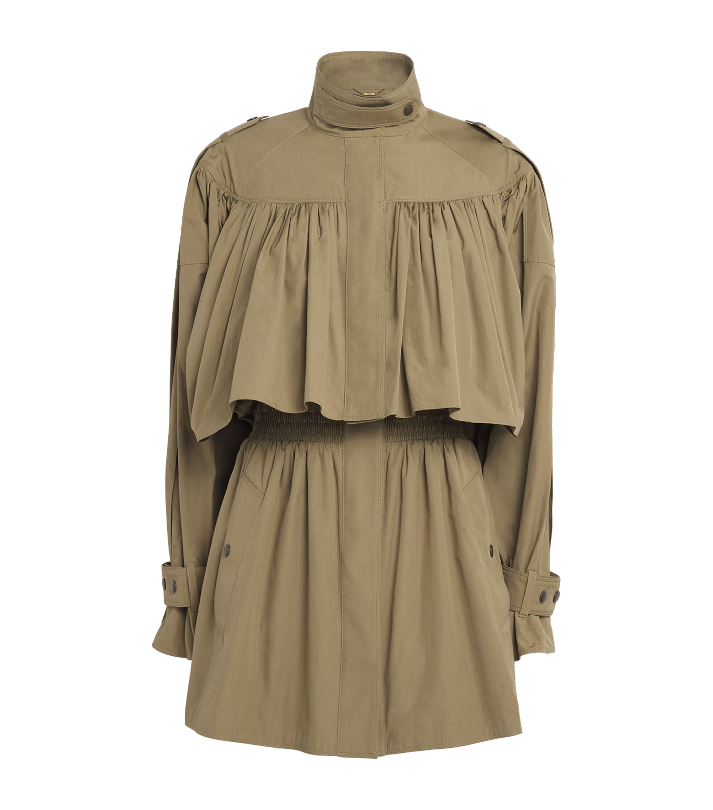 Chloé Womens Cotton High-Neck Gathered Trench Coat Amber Olive