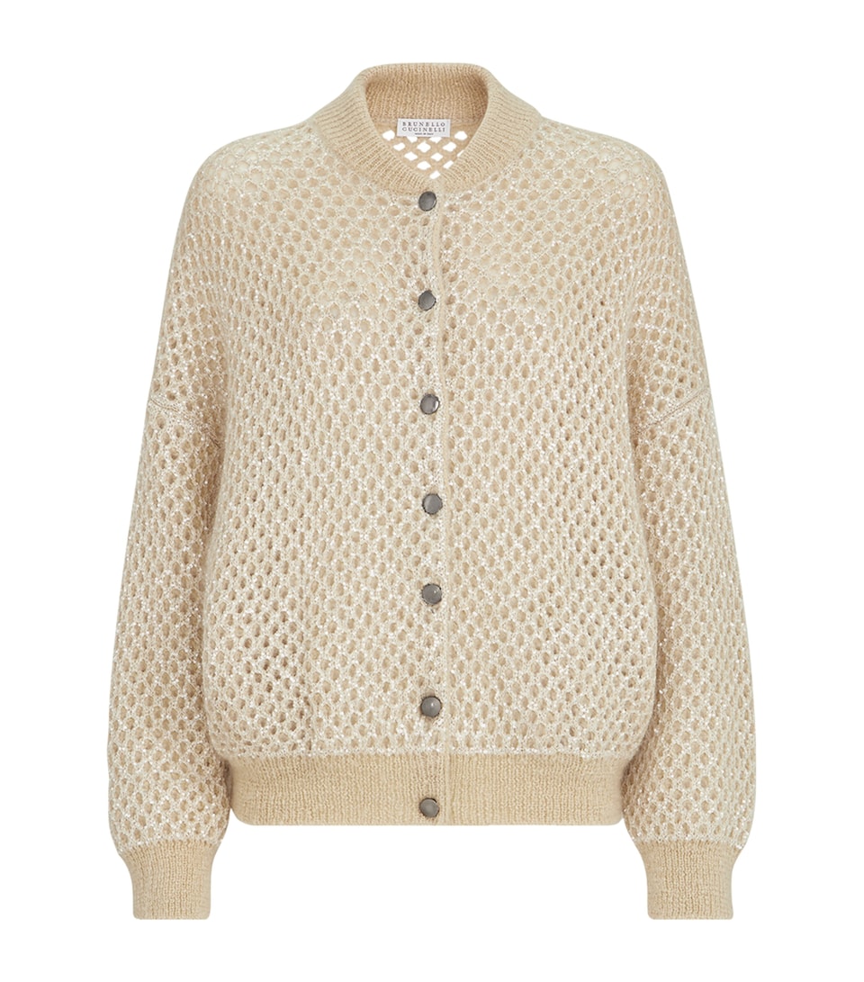 Brunello Cucinelli Womens Mohair-Blend Embellished Bomber Jacket Medium Beige