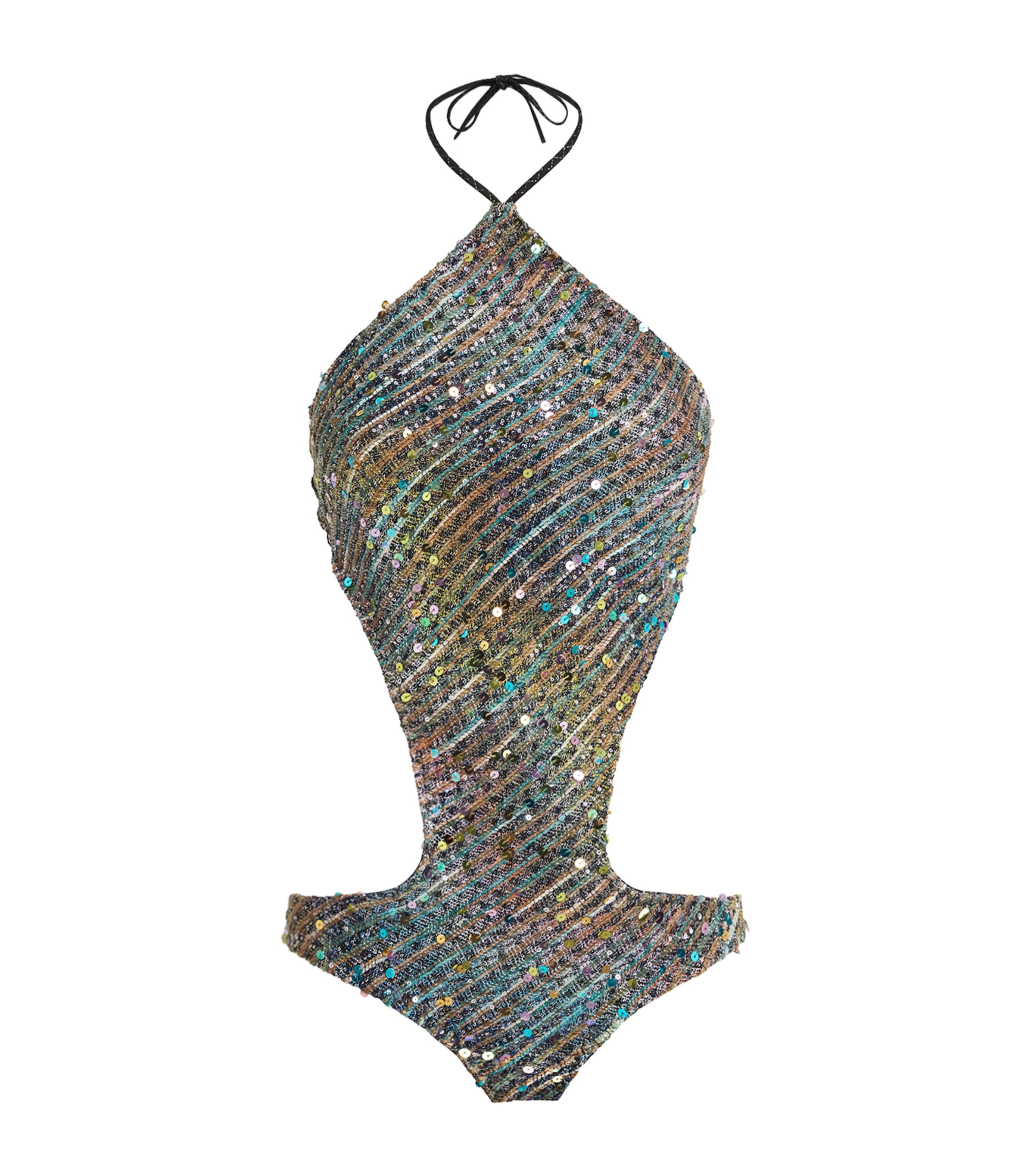 Missoni Womens Sequinned Cut-Out Halterneck Swimsuit Smsnt Mlt Brn/blu/wh