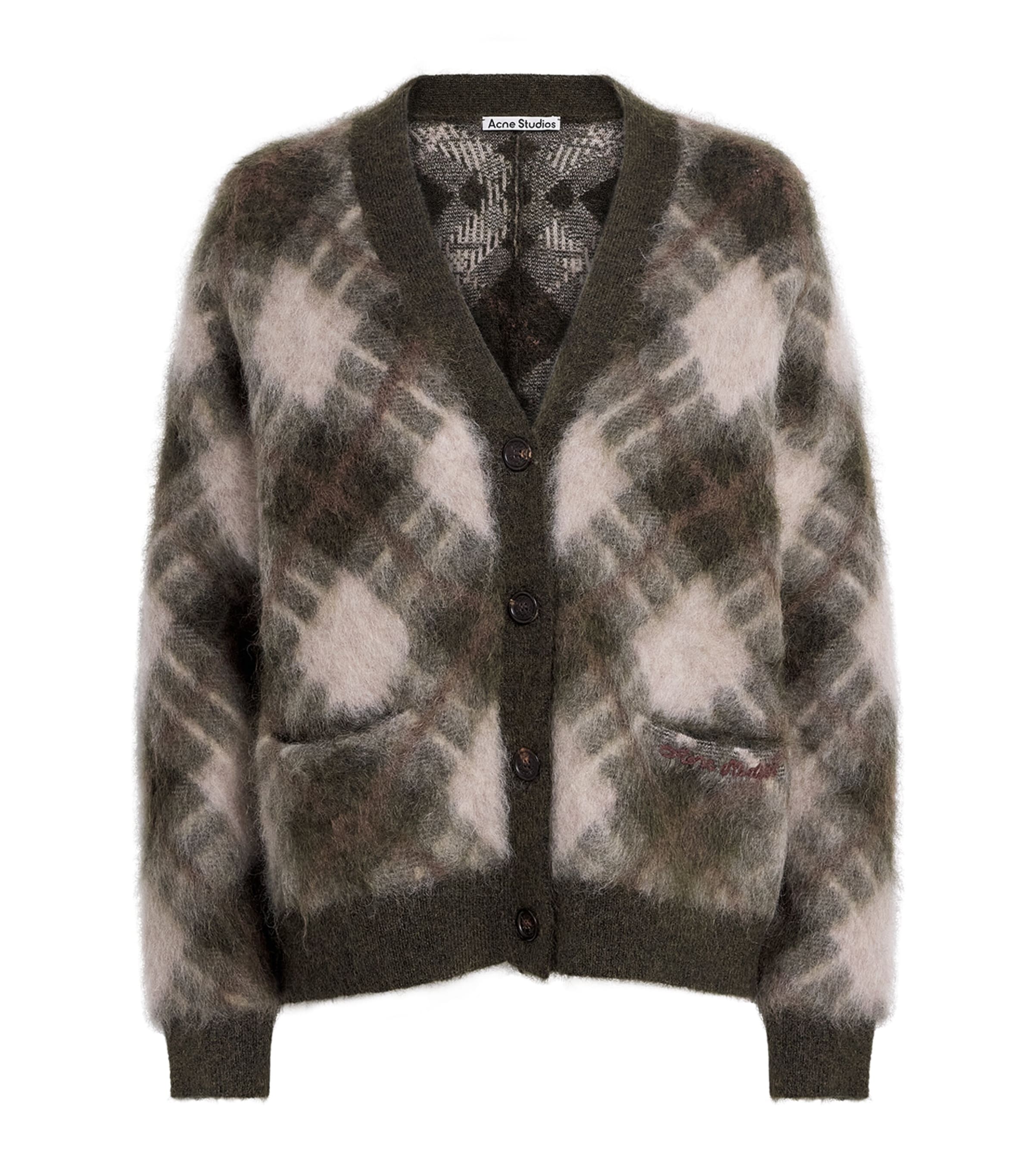 Acne Studios Womens Argyle V-Neck Knit Cardigan Olive Green/multi