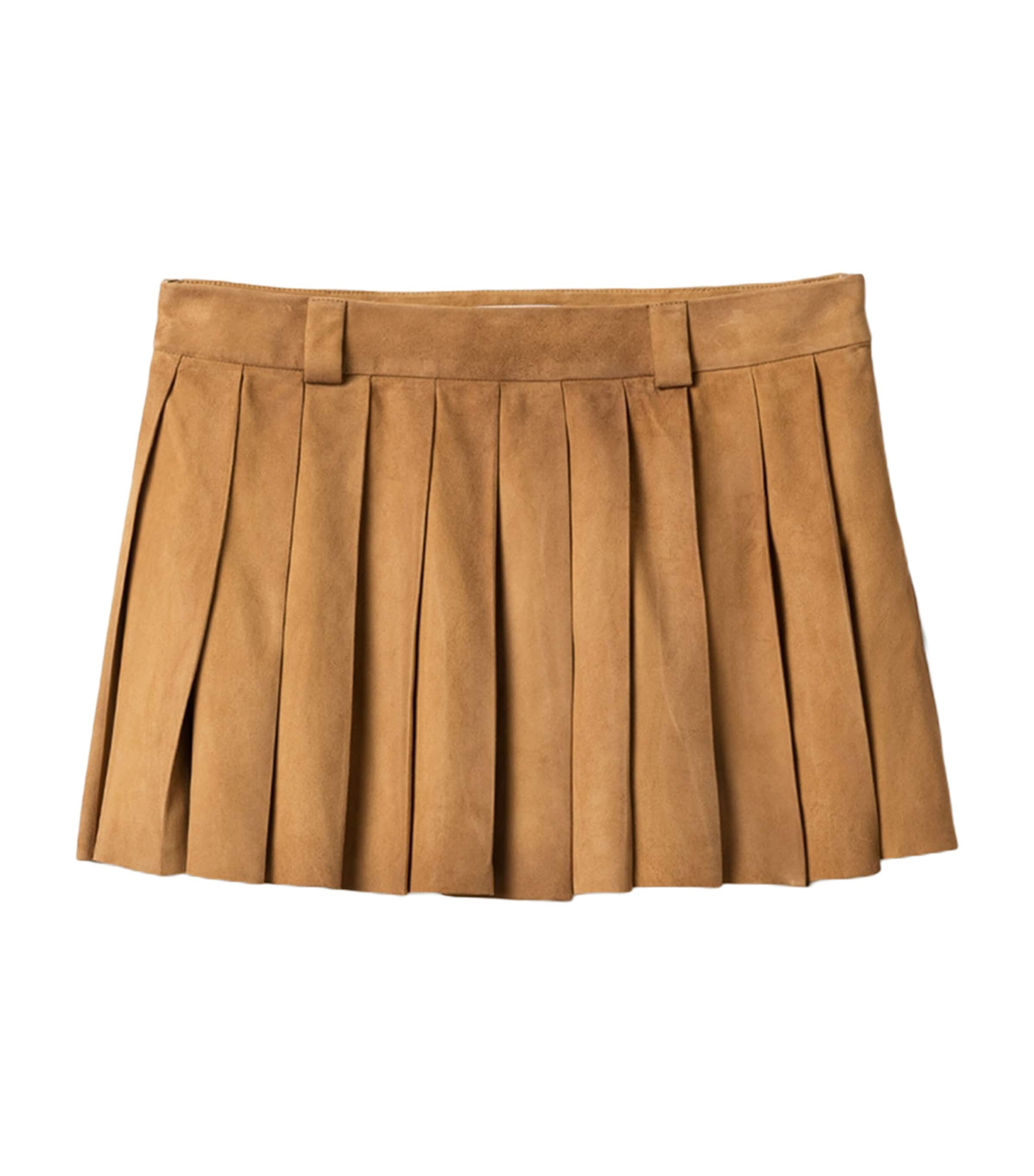 Miu Miu Womens Waxed Suede Pleated Miniskirt Neutral