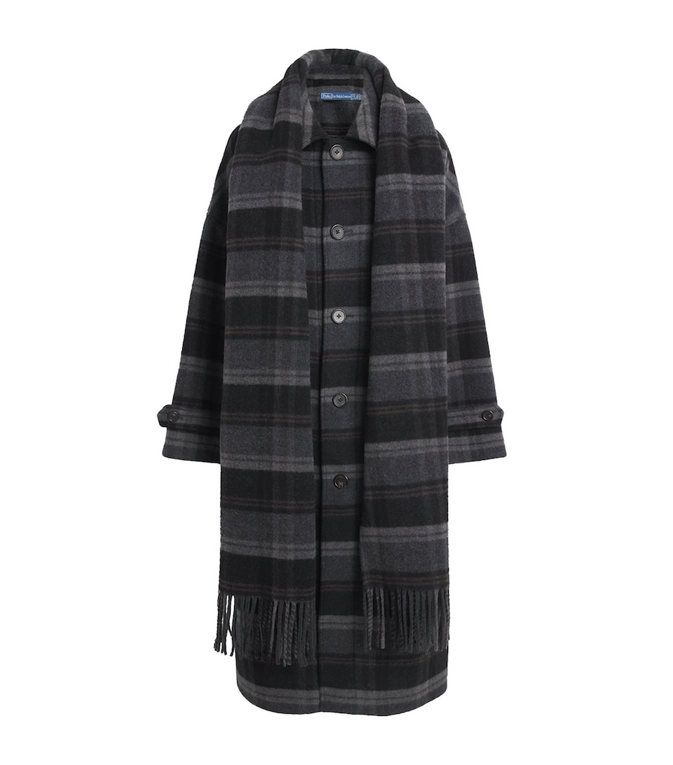 Polo Ralph Lauren Womens Wool Check Scarf-Neck Coat Grey Multi