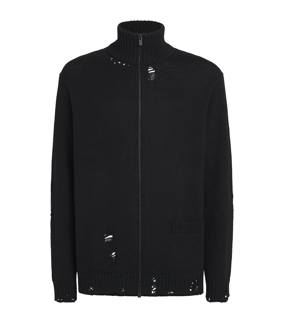 Yohji Yamamoto Mens Wool Distressed Cardigan Black