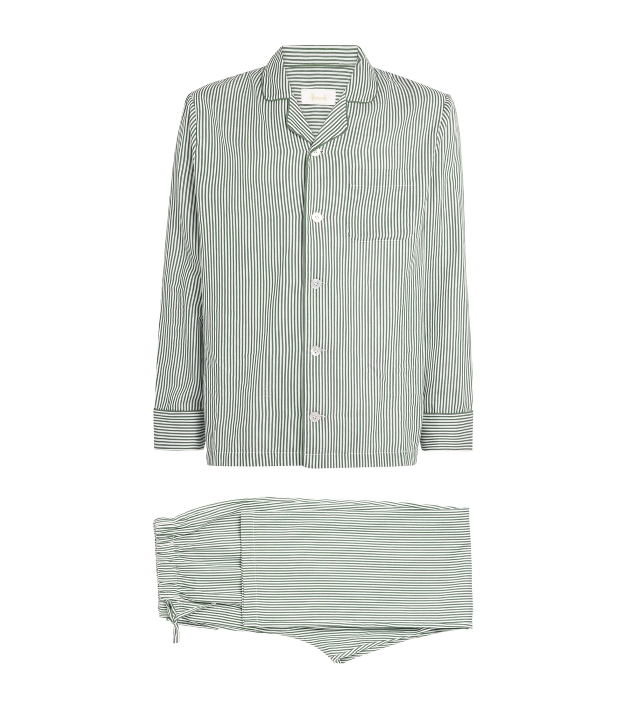 Harrods Mens Cotton Stripe Pyjama Shirt Green