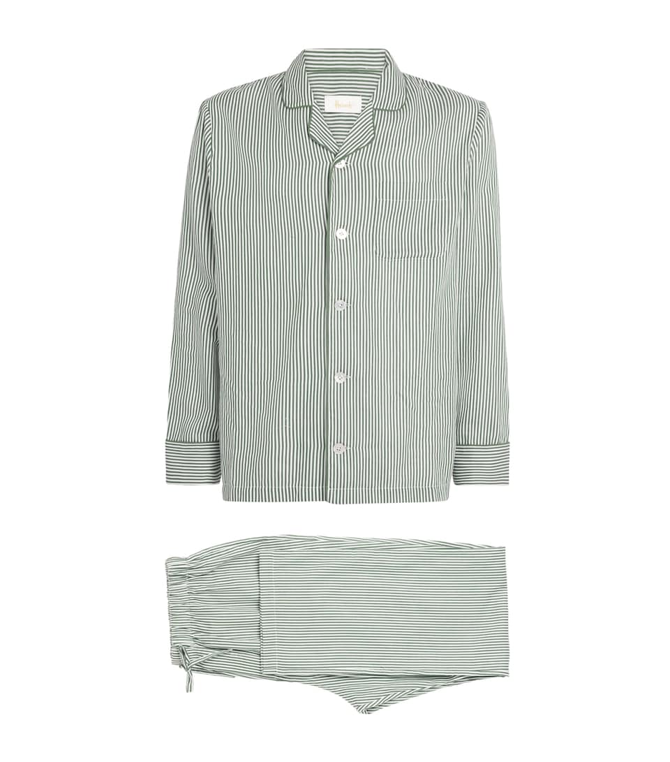 Harrods Mens Cotton Stripe Pyjama Shirt Green