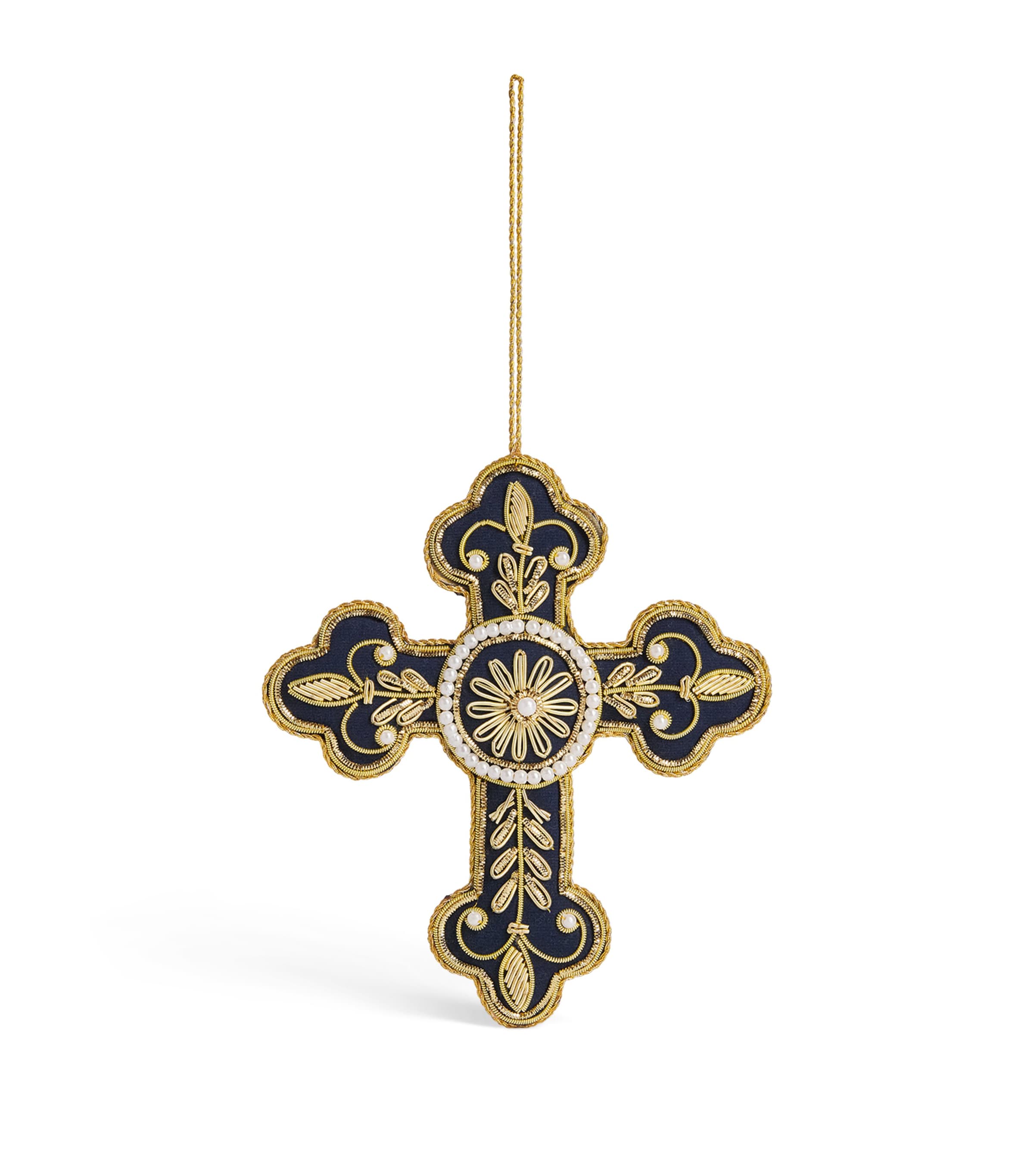 Harrods Velvet Embroidered Cross Tree Decoration Navy Blue