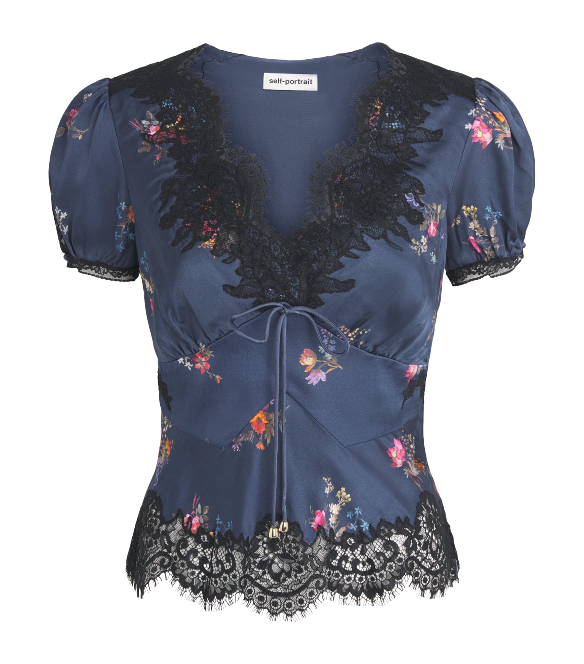Self-Portrait Womens Satin-Lace Floral Blouse Navy