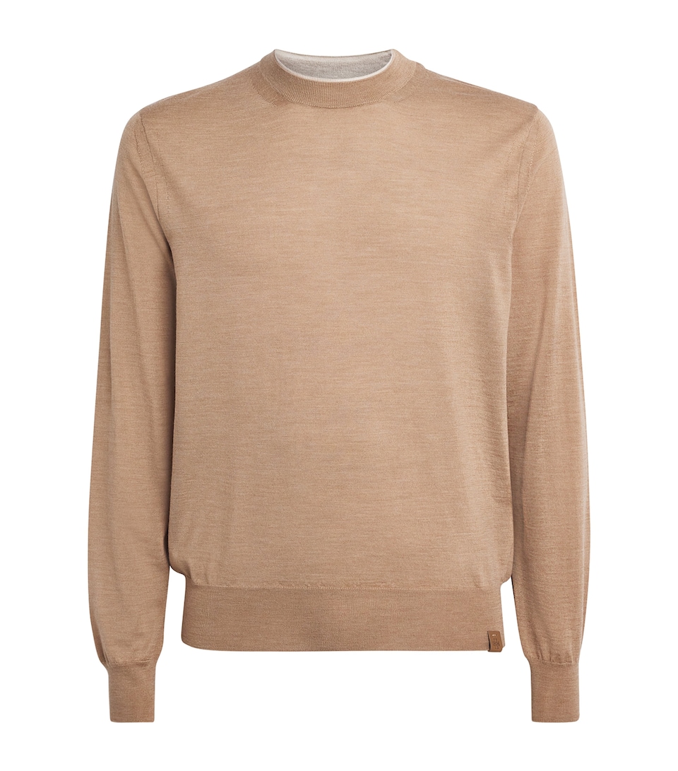 Wool-Silk Contrast-Neckline Sweater