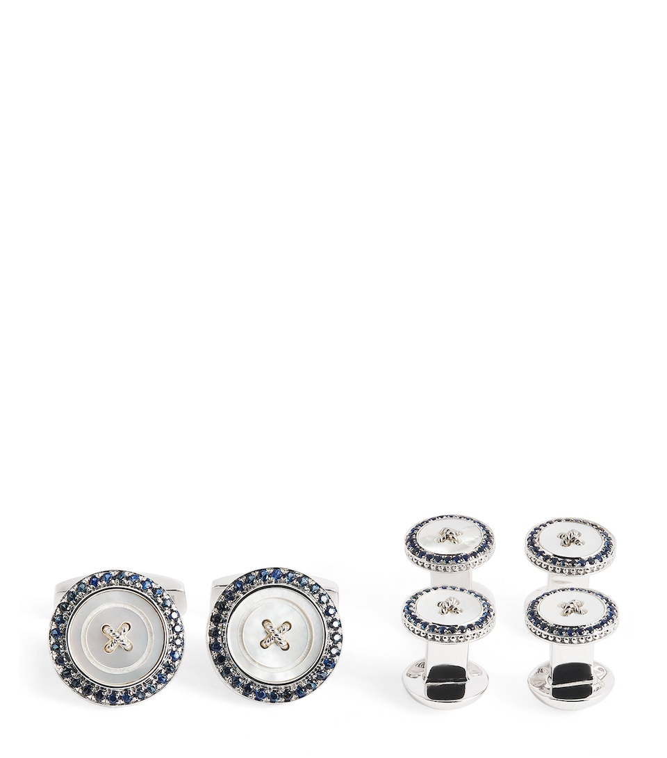 Set of 4 Rhodium-Plated Sapphire Button Cufflinks