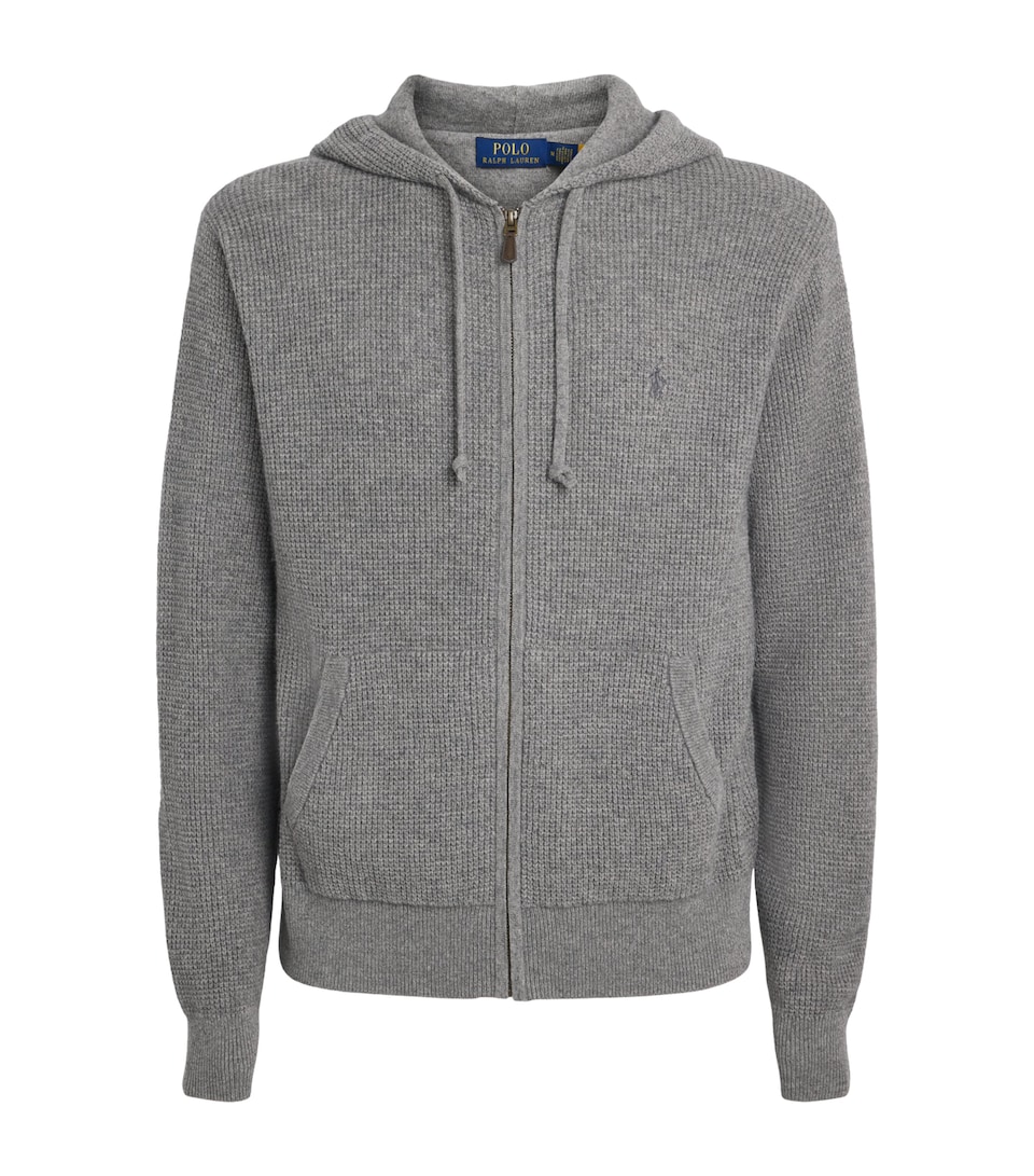 Polo Ralph Lauren Mens Wool-Cotton Waffle-Knit Zip-Up Hoodie Fawn Grey Heather