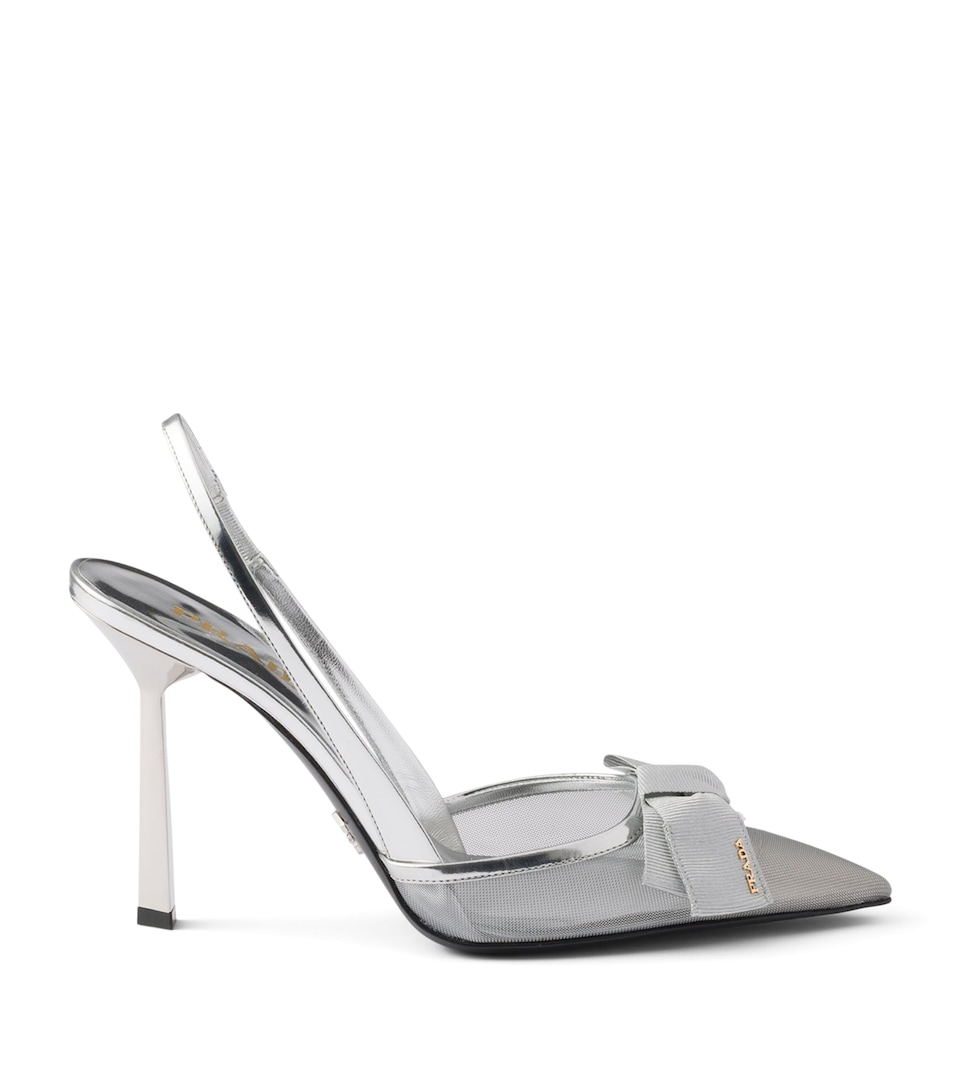 Prada Leather-Mesh Bow Slingback Pumps 100 Gold/silver