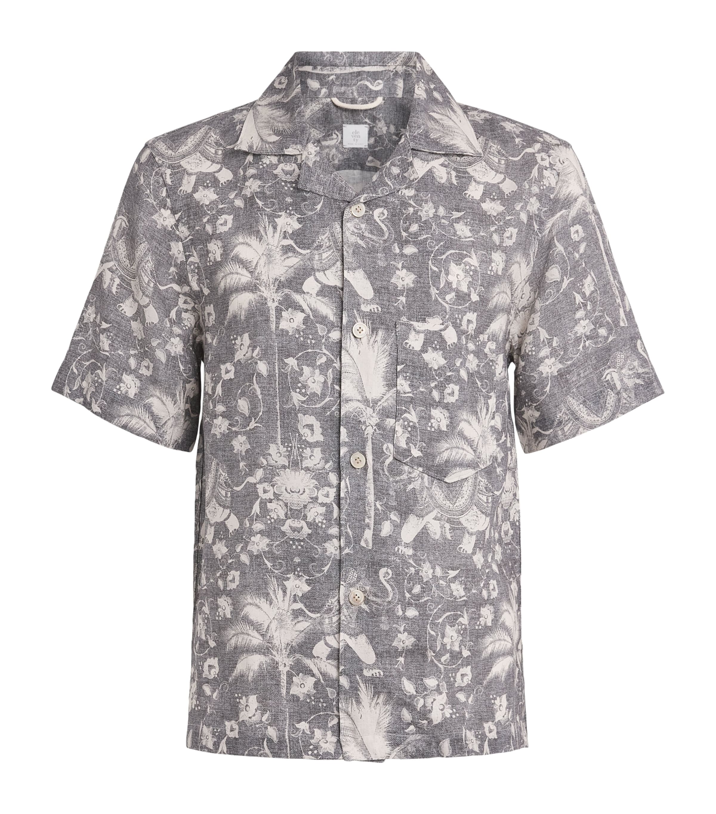 Eleventy Mens Linen Printed Bowling Shirt Nero
