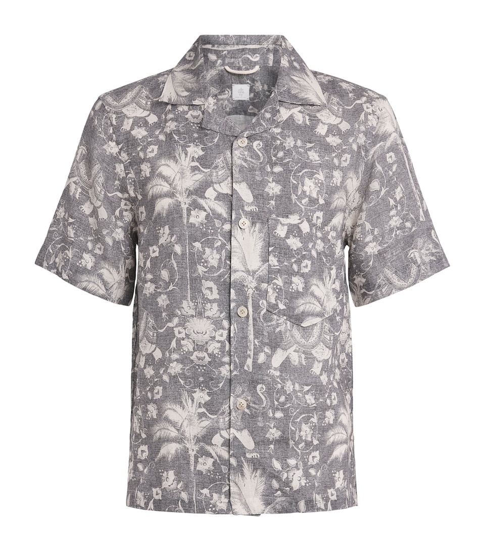 Eleventy Mens Linen Printed Bowling Shirt Nero
