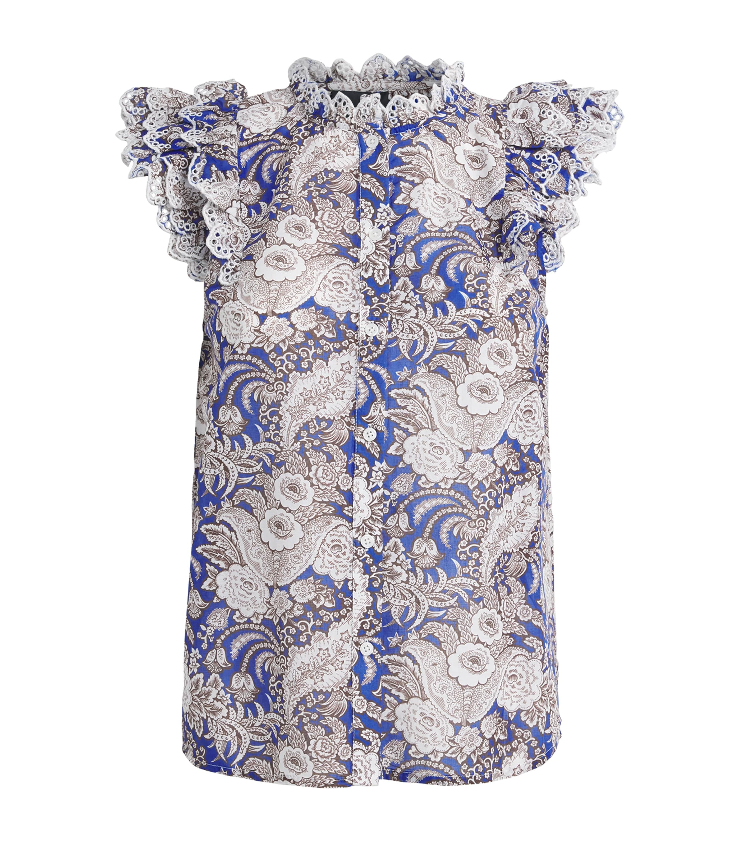 ME+EM Womens Cotton Ruffle Printed Blouse Blue Multi