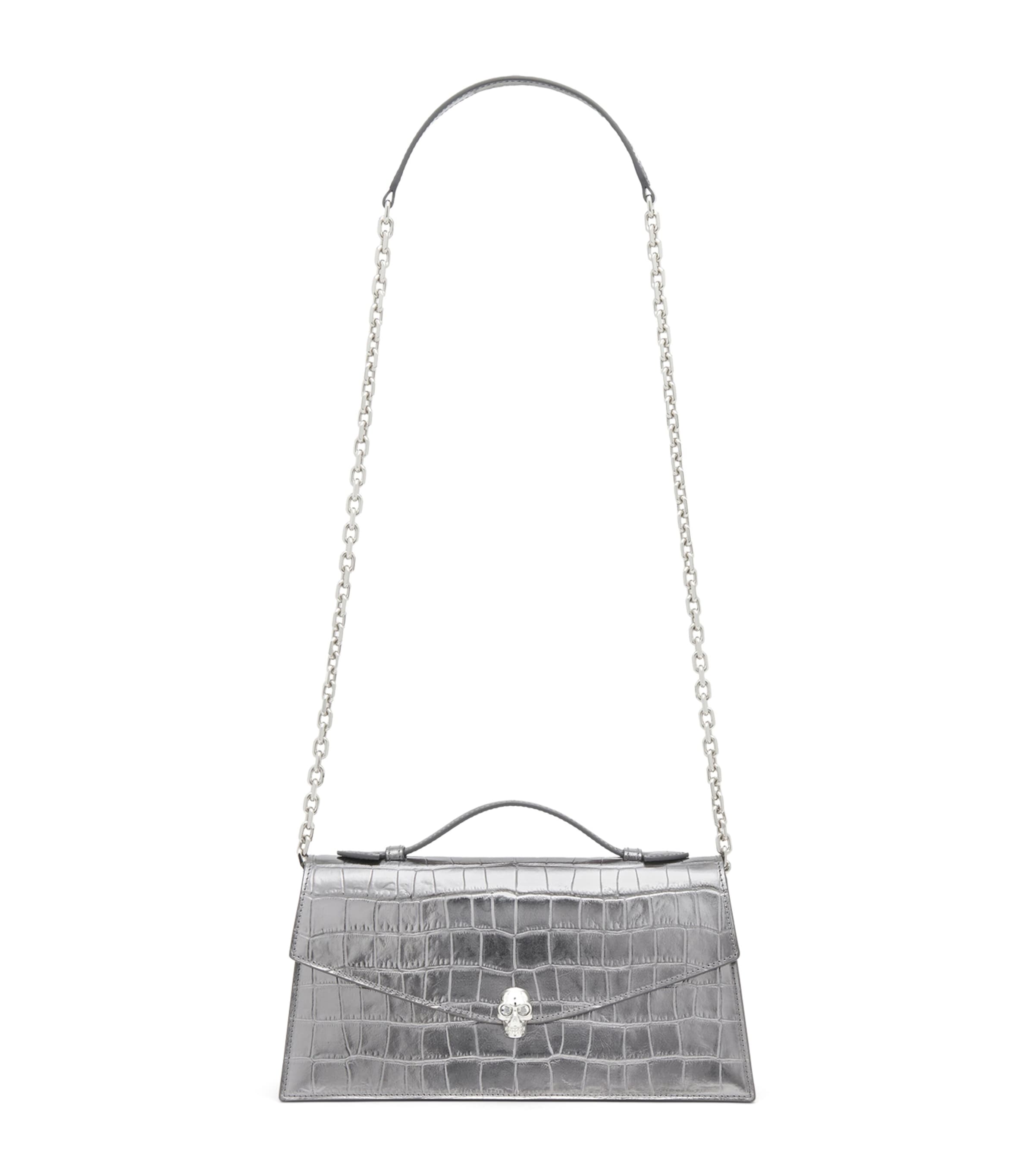 McQueen Croc-Embossed Metallic Leather Skull Shoulder Bag