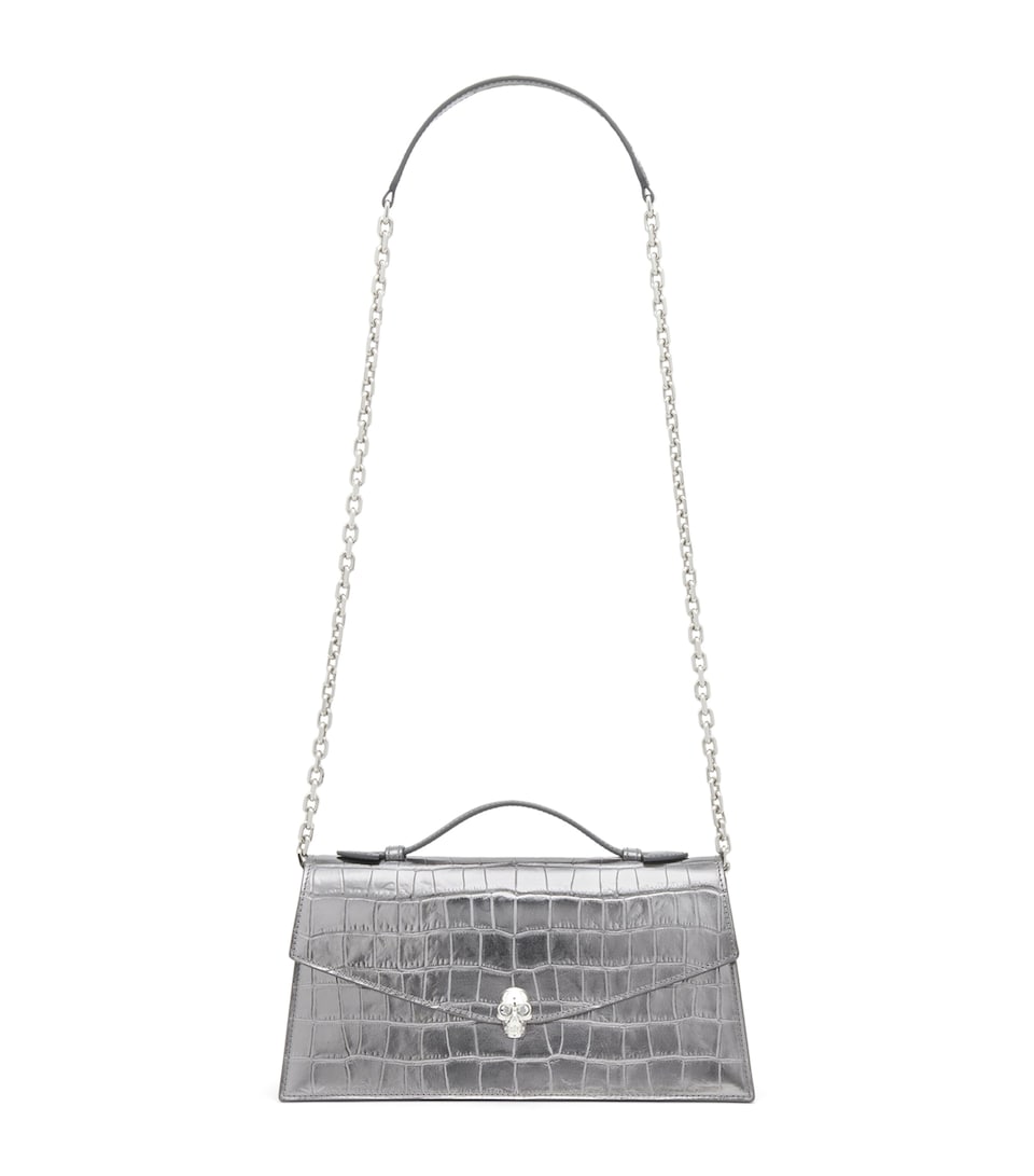 McQueen Croc-Embossed Metallic Leather Skull Shoulder Bag