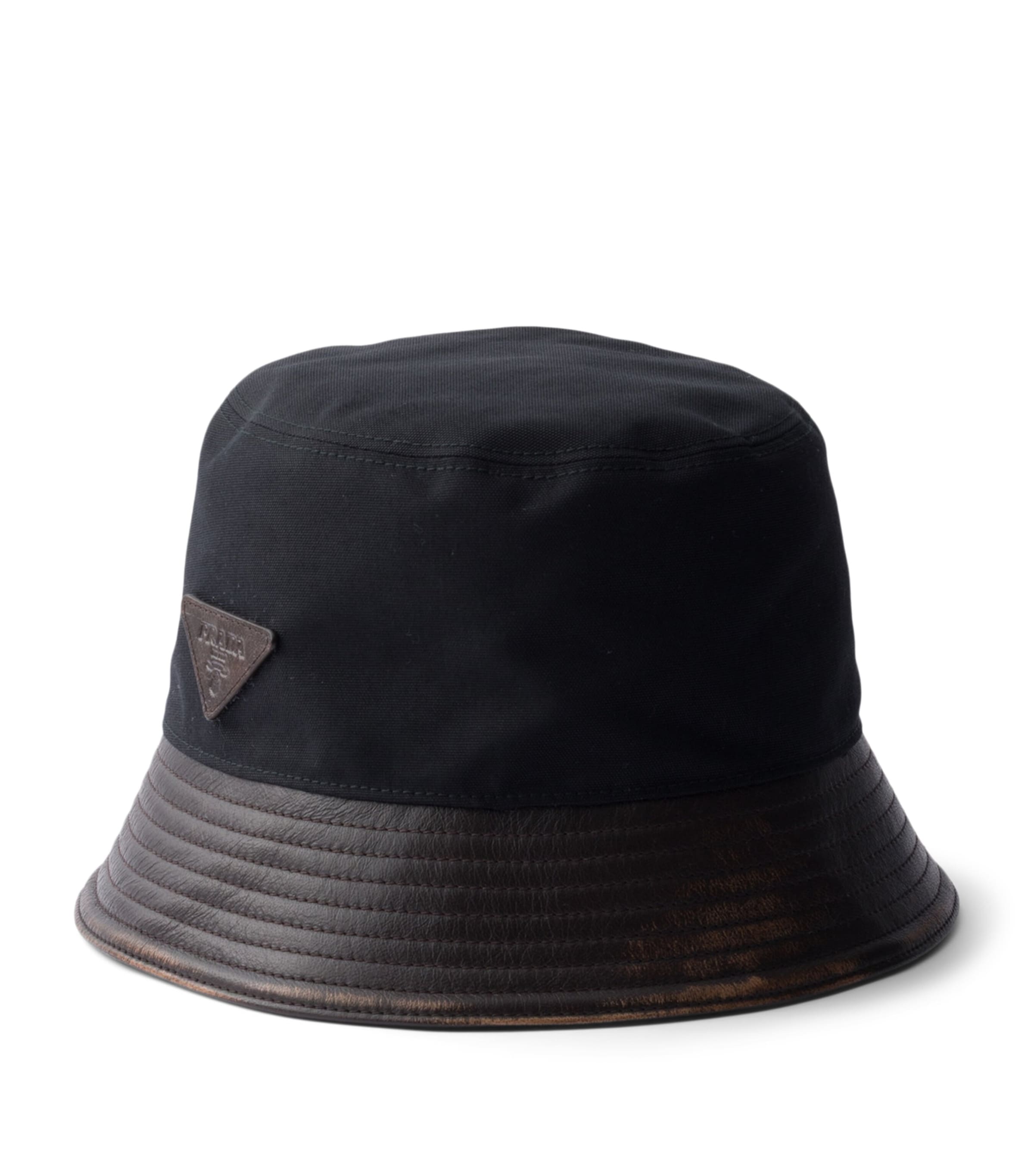 Prada Leather-Trim Logo Bucket Hat Black