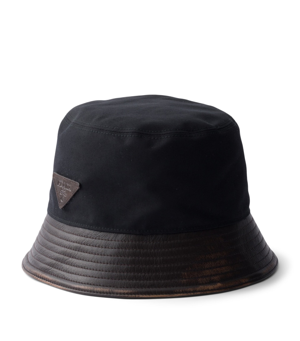 Prada Leather-Trim Logo Bucket Hat Black