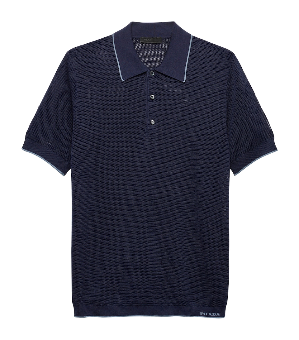 Prada Mens Silk-Cotton Polo Shirt Blue