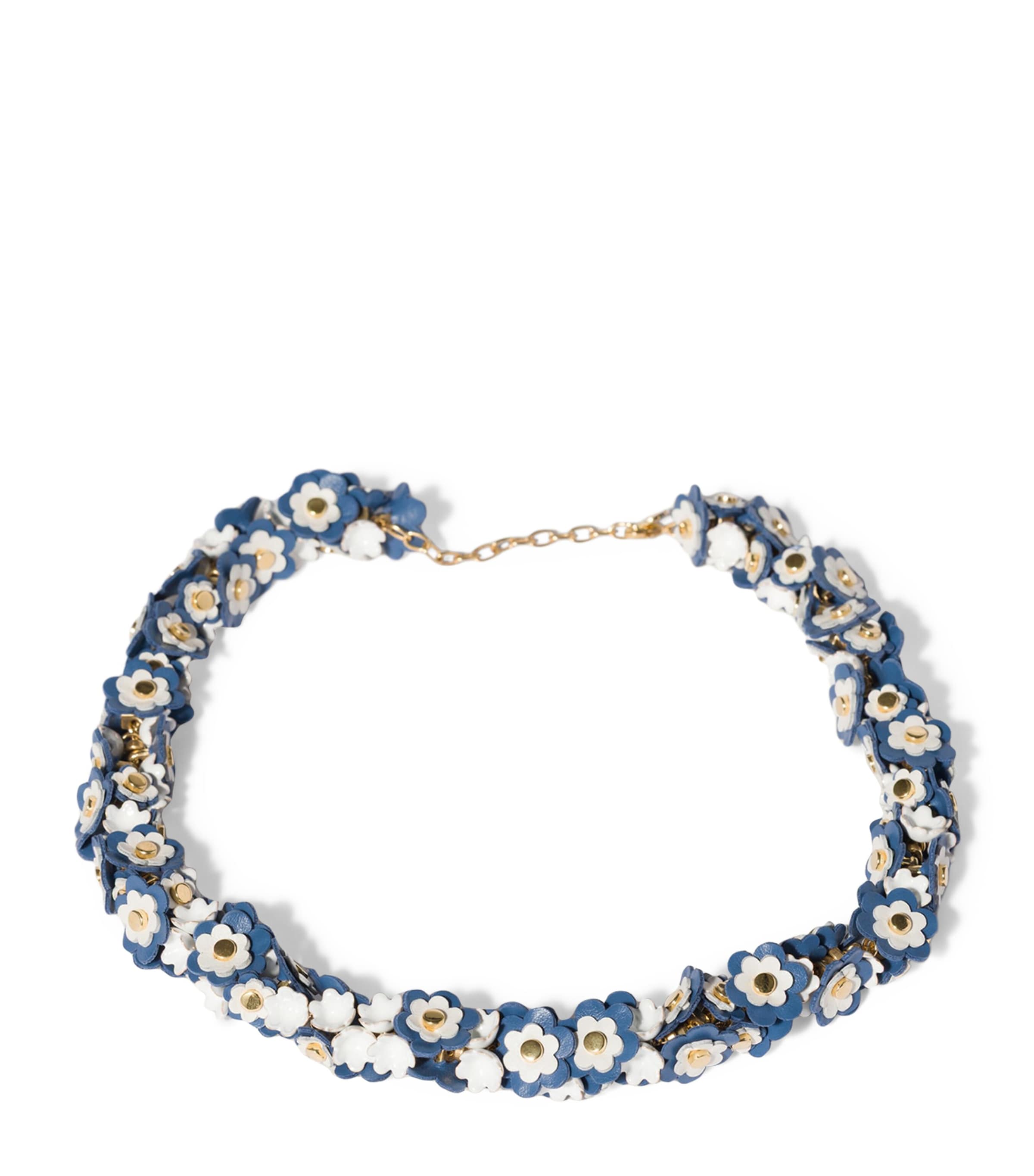 Miu Miu Leather-Enamel Flower Necklace Blue