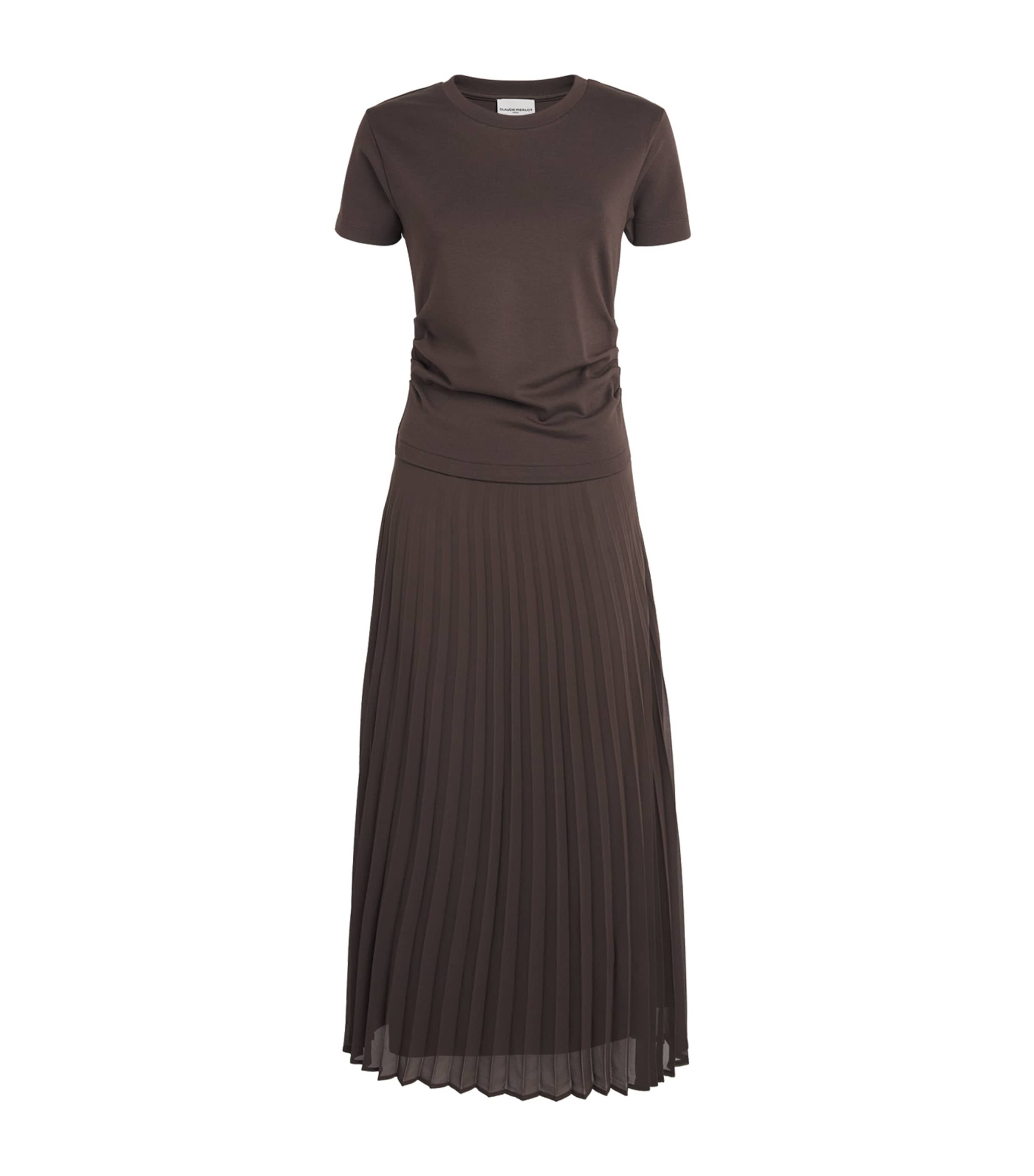 Claudie Pierlot Womens Ruched Pleated-Skirt Dress Chocolate
