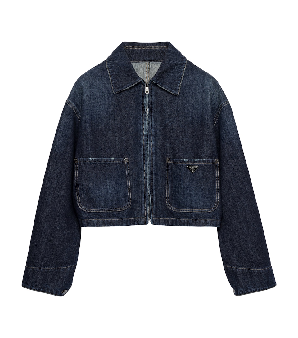 Prada Womens Cropped Denim Jacket Blue