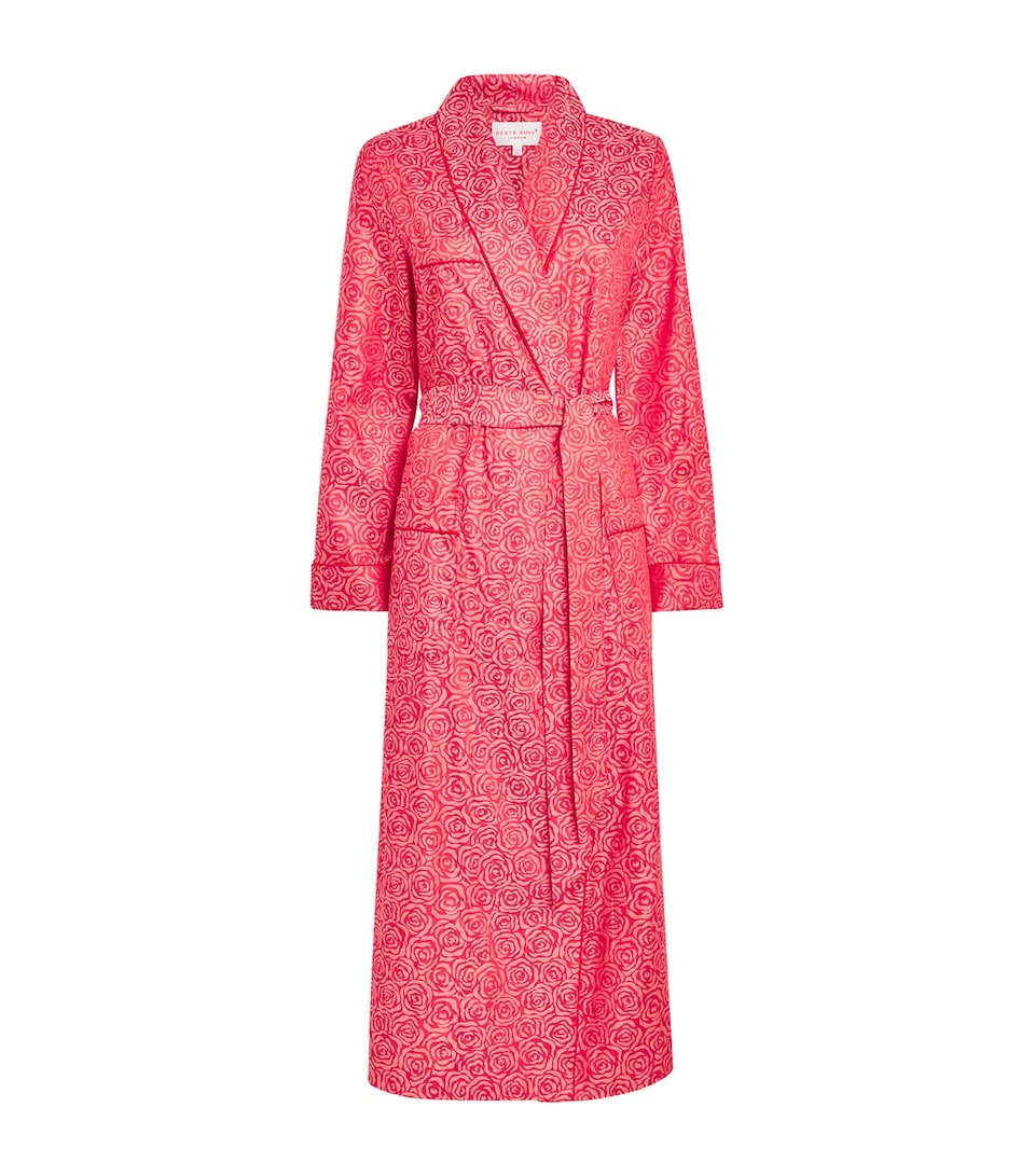 Derek Rose Womens Cotton Jacquard Roses Robe Red