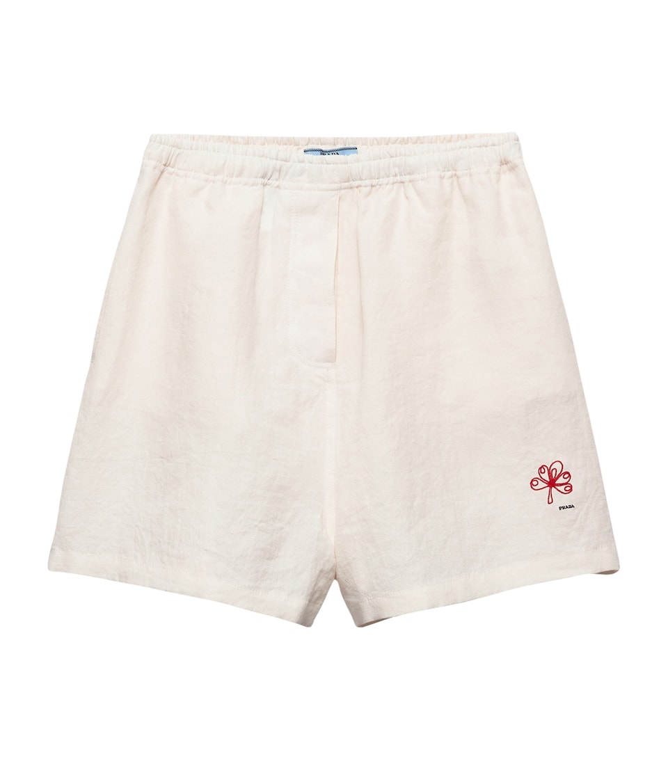 Prada Womens Slubbed Linen Embroidered Shorts White