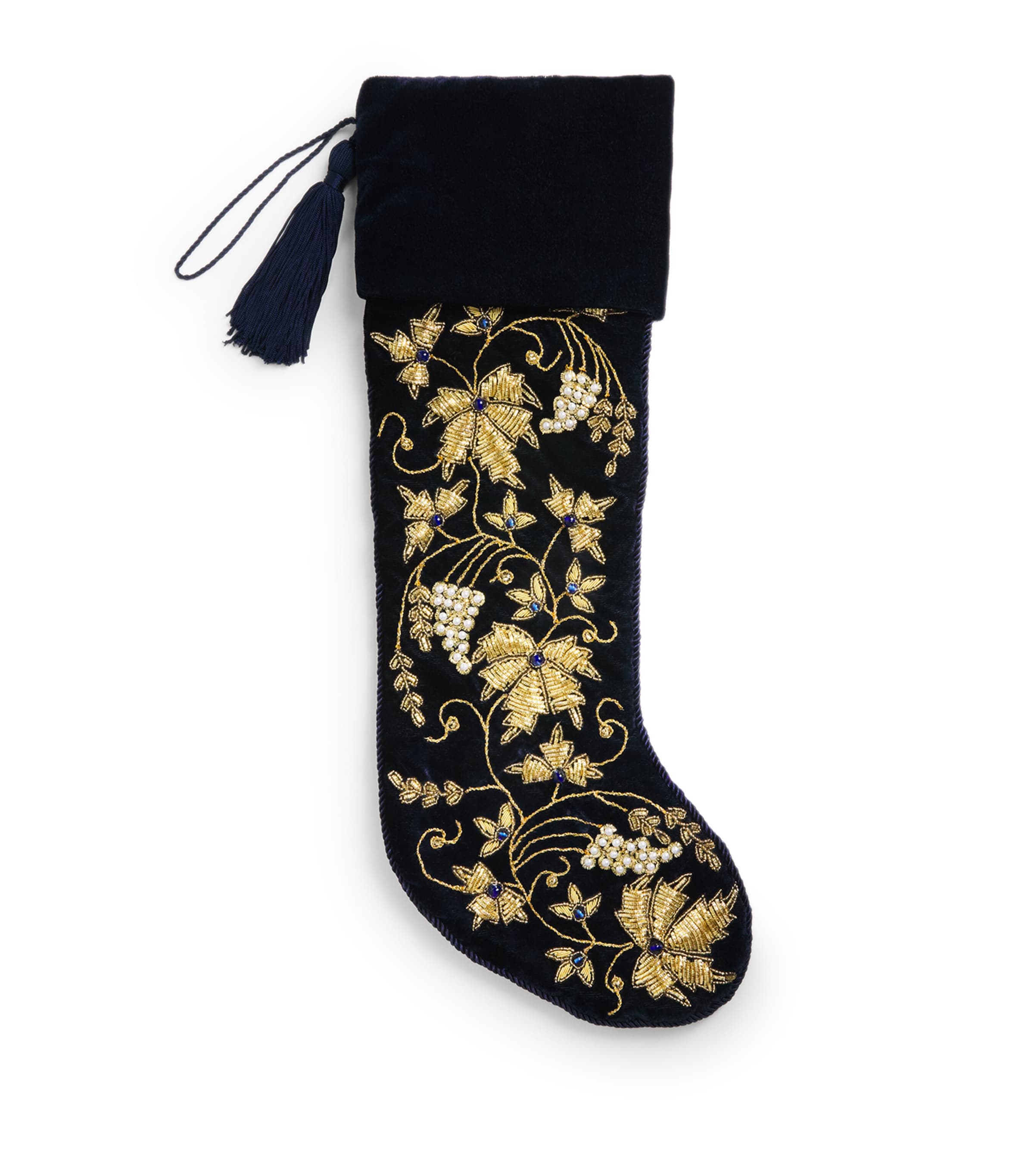 Harrods Bead-Embellished Tassel Stocking Navy Blue/gold