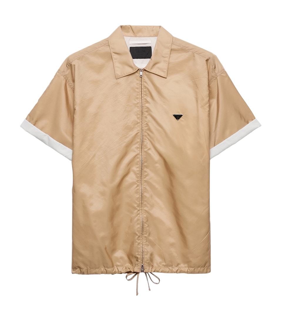 Prada Mens Re-Nylon Zip-up Short-Sleeve Shirt Brown