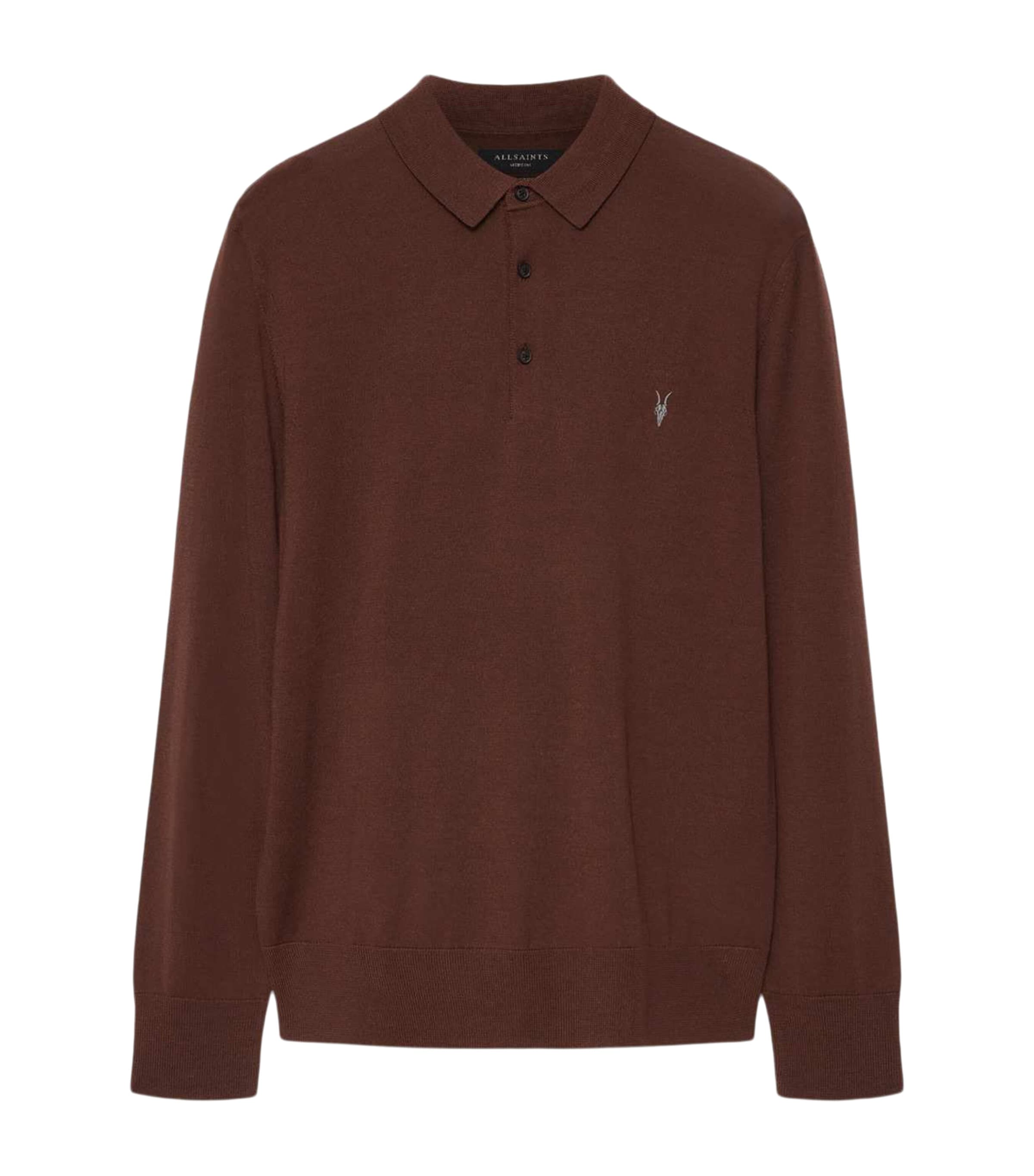 AllSaints Mens Merino Wool Mode Polo Shirt Hot Choc Brown