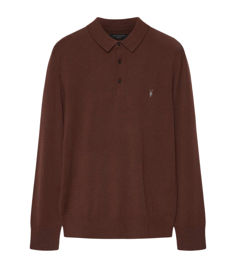 AllSaints Mens Merino Wool Mode Polo Shirt Hot Choc Brown