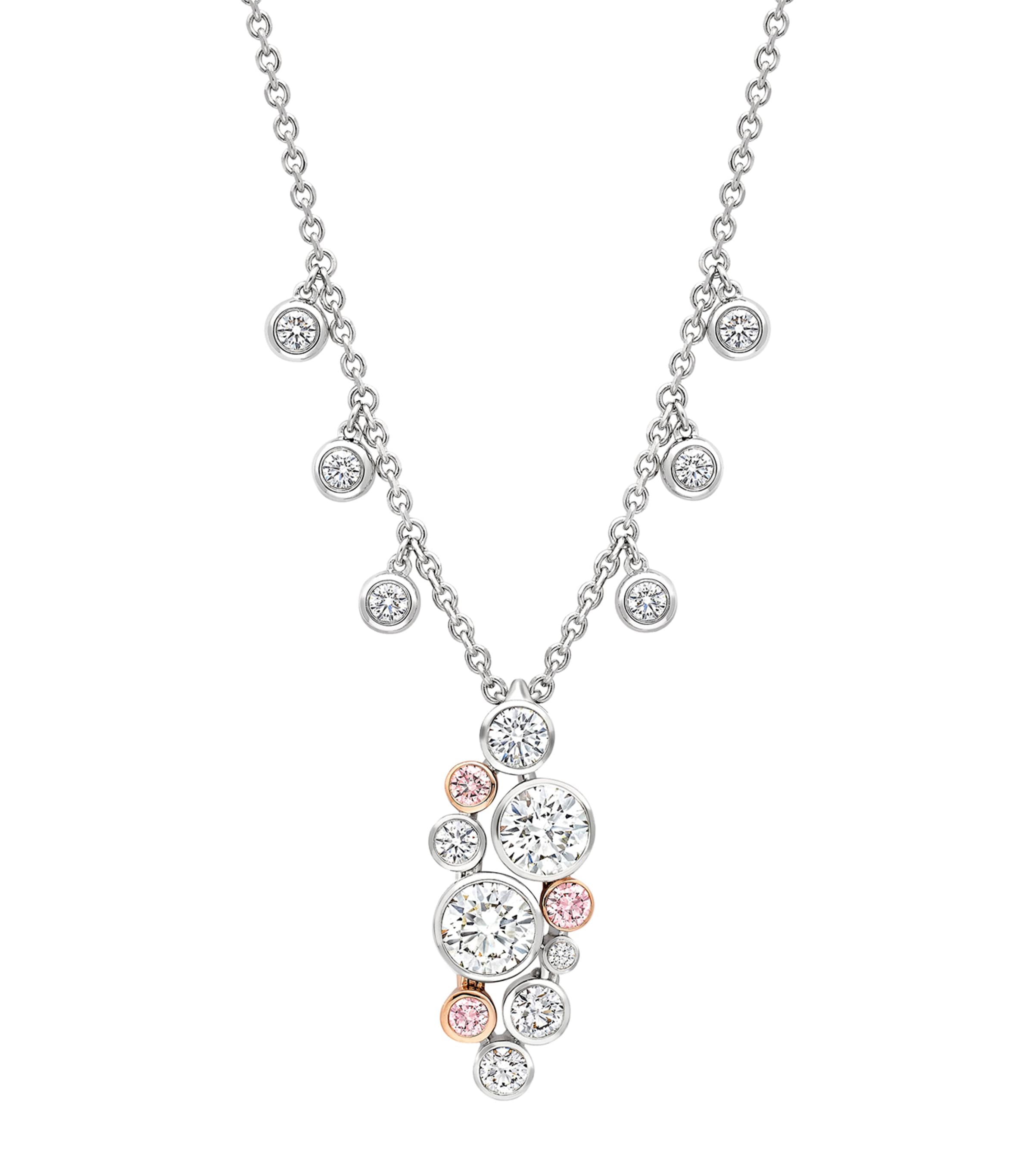 Boodles Platinum, Rose Gold, White Diamond and Pink Diamond Raindance 25 Pendant Necklace Platinum
