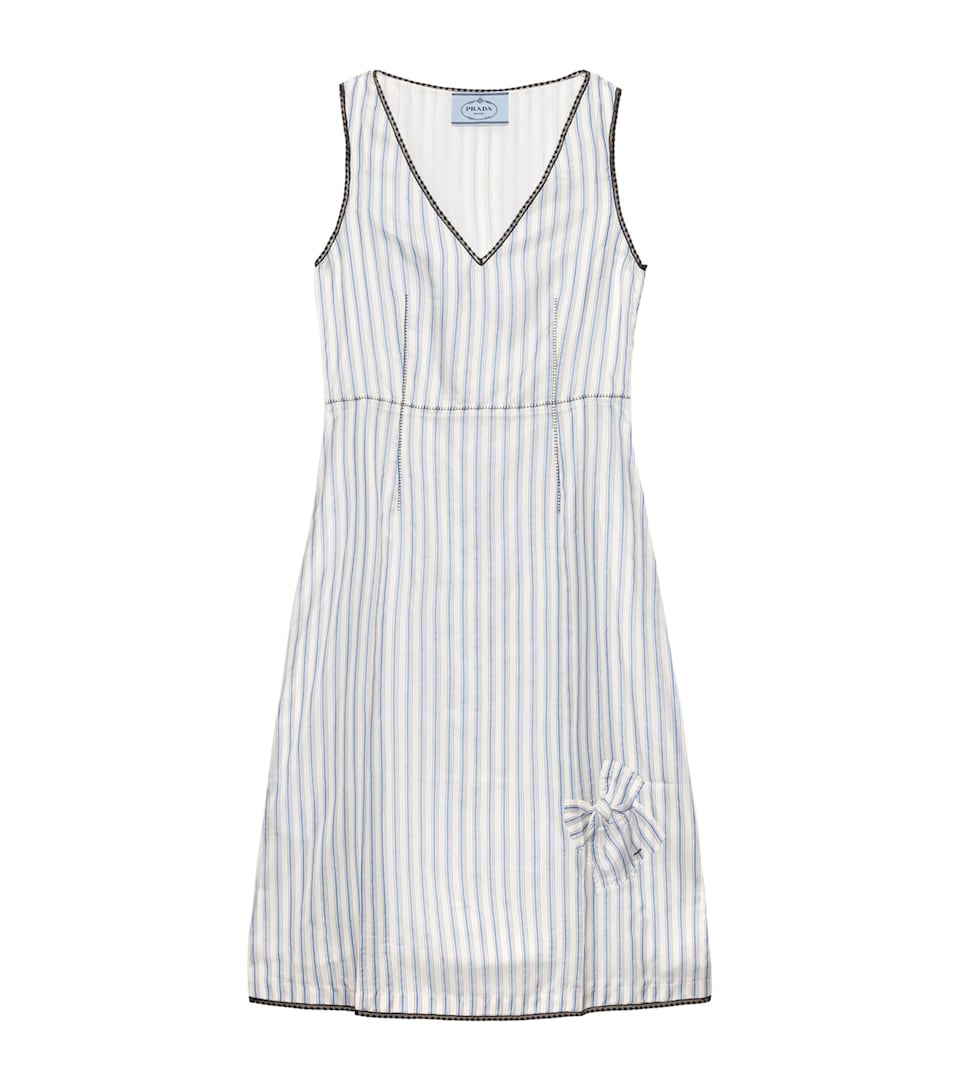 Prada Womens Bow-Detail Stripe Mini Dress Light Blue