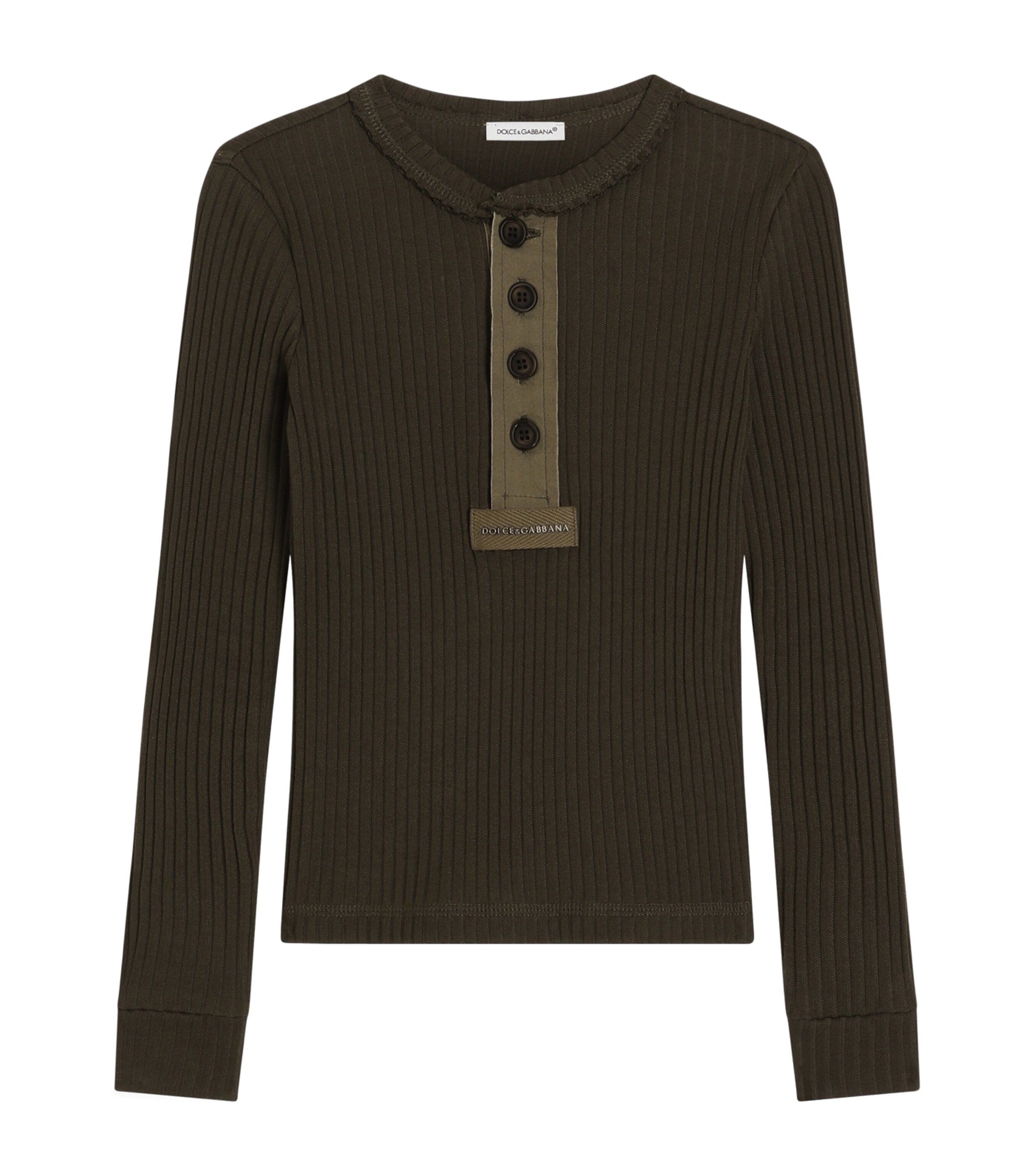 Dolce&Gabbana Kids Cotton Ribbed Henley Shirt (8-12+ Years) Very Dark Mud