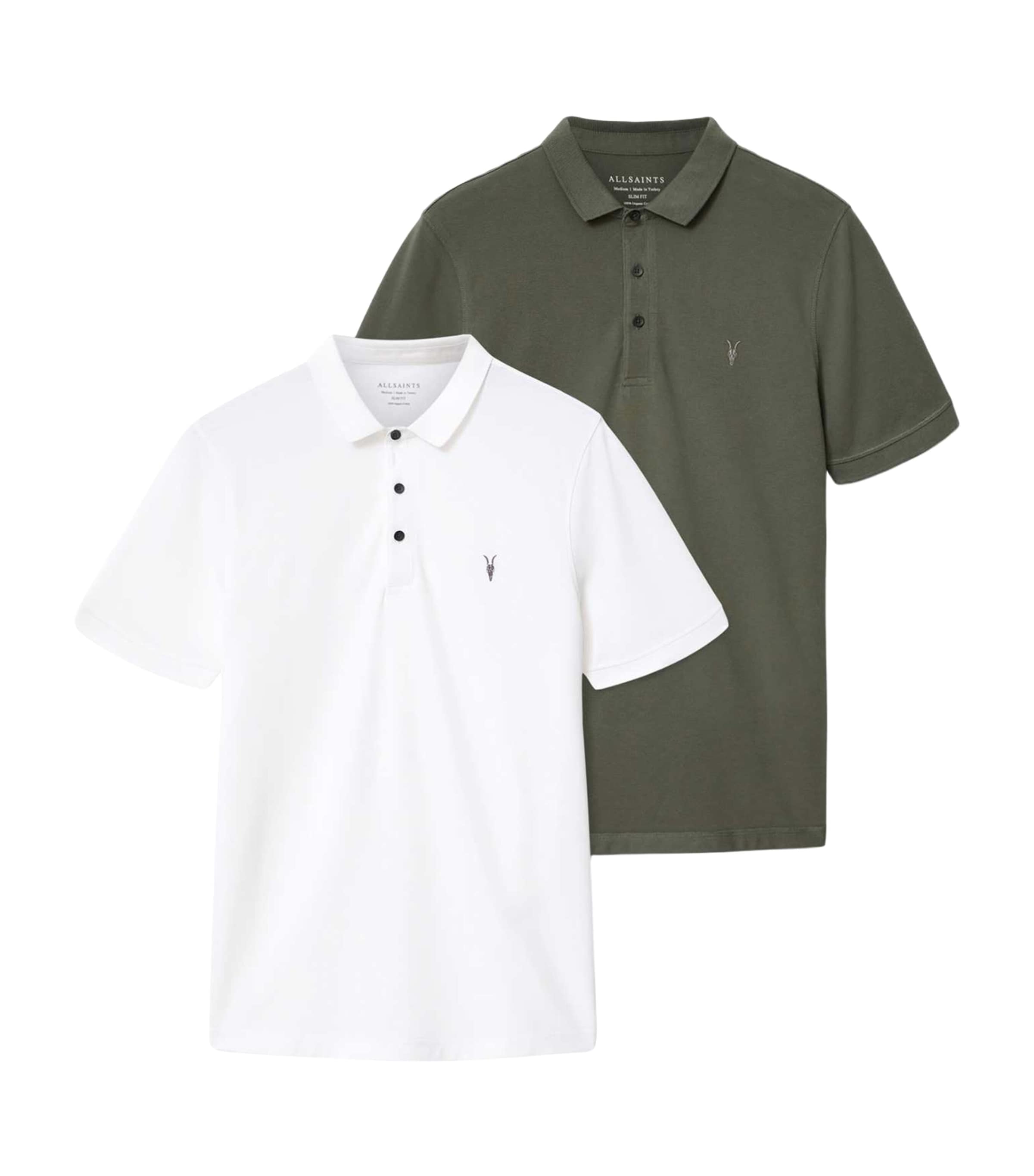 AllSaints Mens Organic Cotton Reform Polo Shirts (Set of 2) White/pitch Green