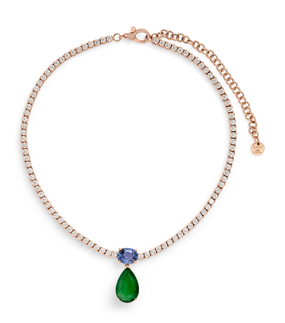 Rose Gold, Diamond, Sapphire and Emerald Ice Tennis Necklace
