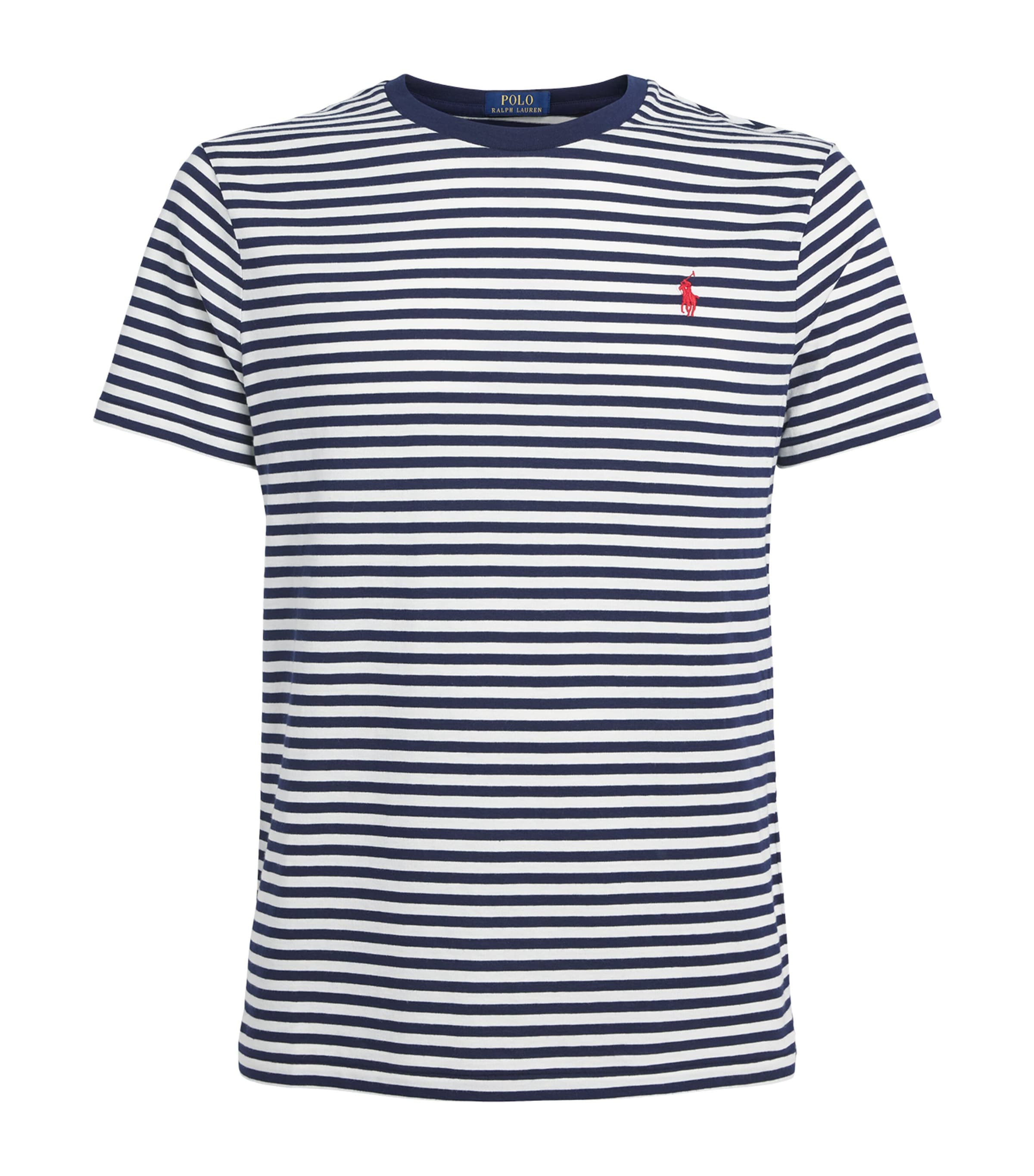 Polo Ralph Lauren Mens Cotton Stripe Polo Pony Slim T-Shirt Newport Navy/white