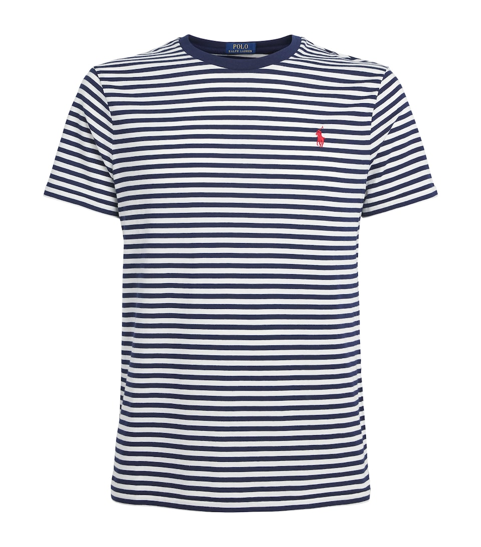 Polo Ralph Lauren Mens Cotton Stripe Polo Pony Slim T-Shirt Newport Navy/white