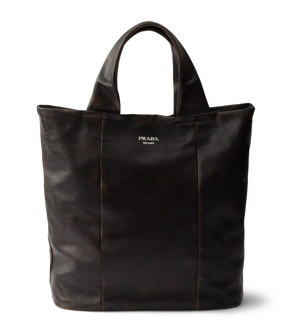 Prada Mens Distressed Nappa Leather Tote Bag Brown