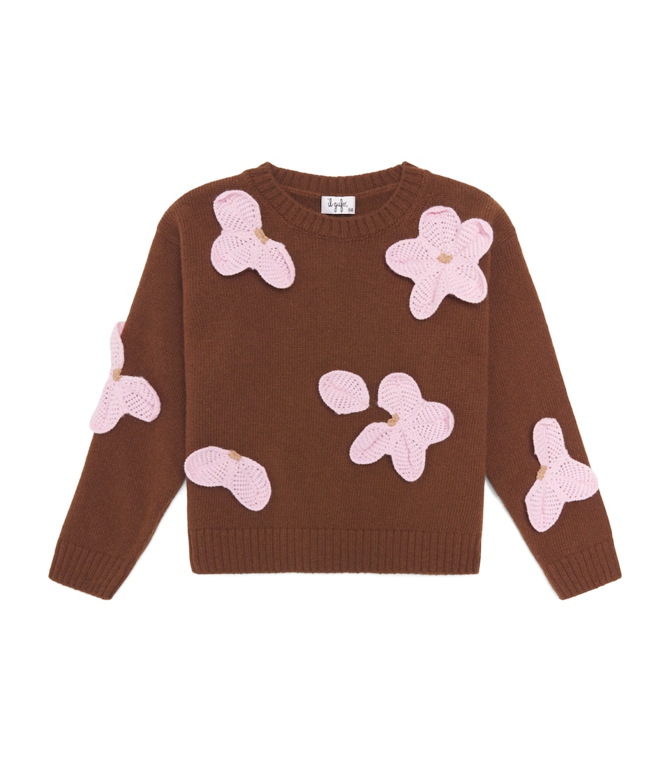 Il Gufo Wool Crochet Flower Sweater (2-14 Years) Cacao/rosa Quarzo